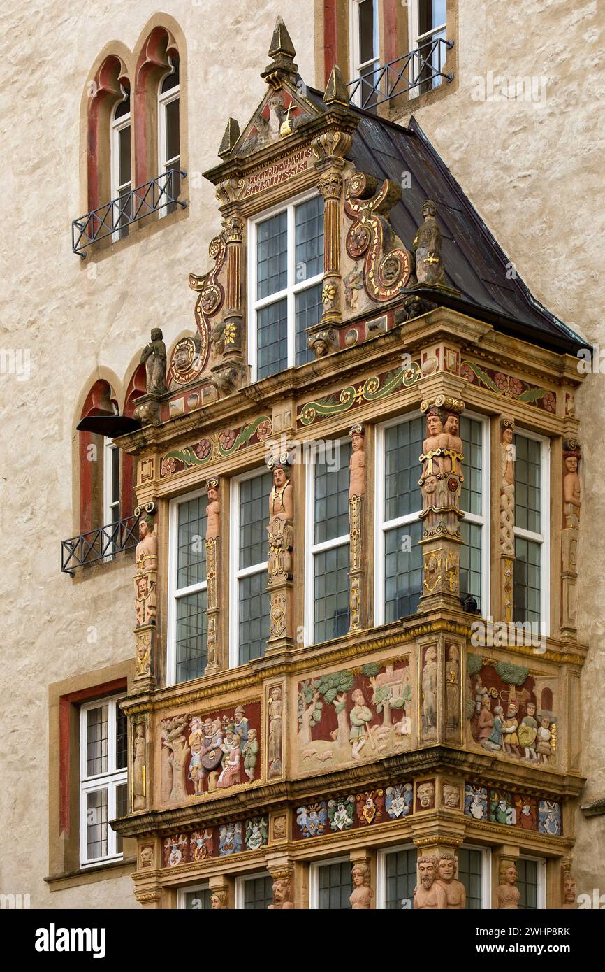 Renaissance bay window, detail on the temple house, Hildesheim, Germany ...