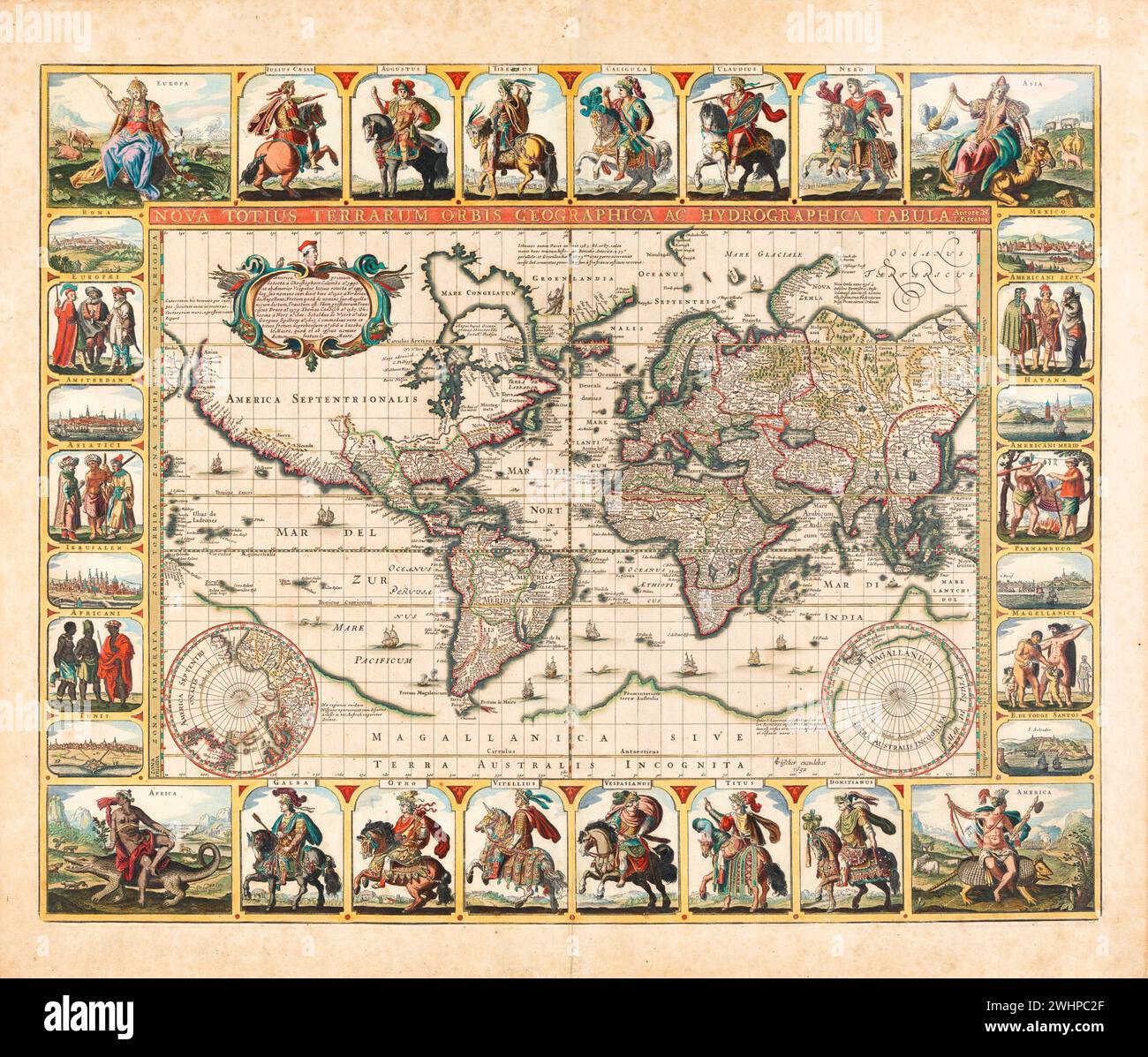 Vintage World Map by Claes Janszoon Visscher : Nova totius terrarum orbis geographica ac hydrographica tabula 1652. Stock Photo