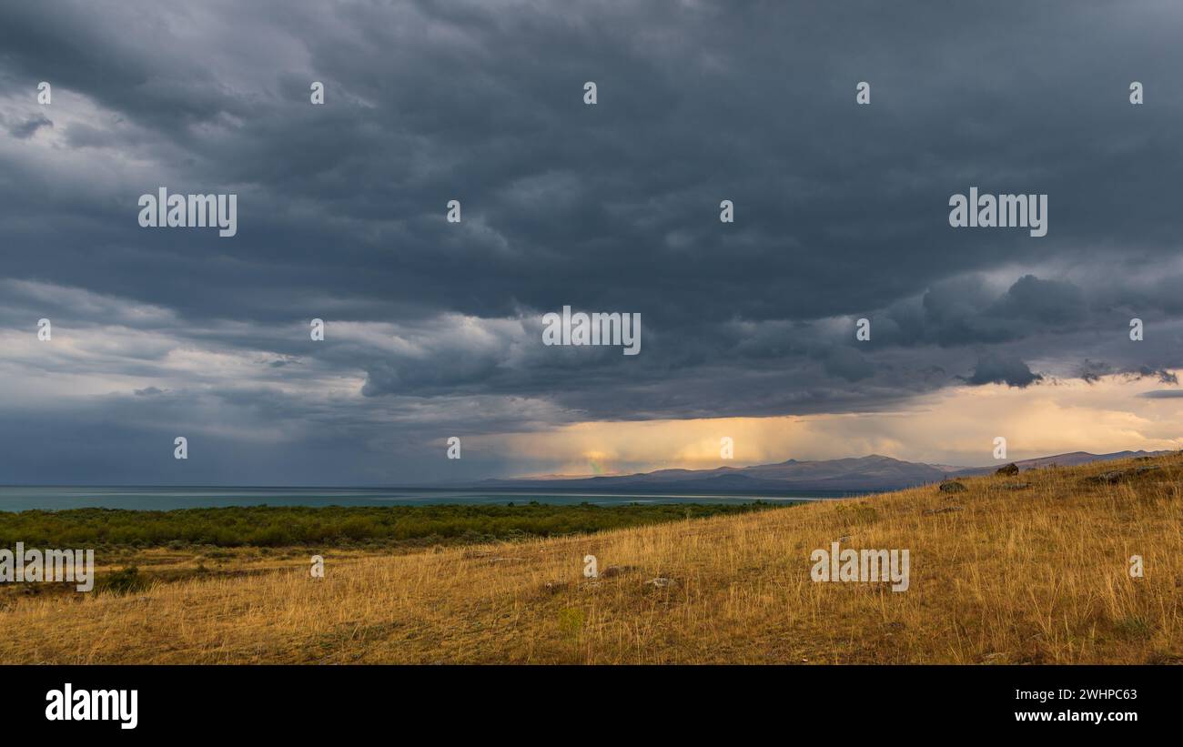Sunset over Lake Sevan, the the largest body of water in both Armenia and the Caucasus region. Stock Photo
