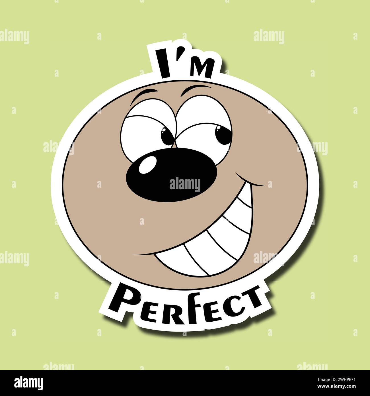 Funny face sticker. Emoticon with a malicious smile. Inscription: I'm perfect Stock Vector