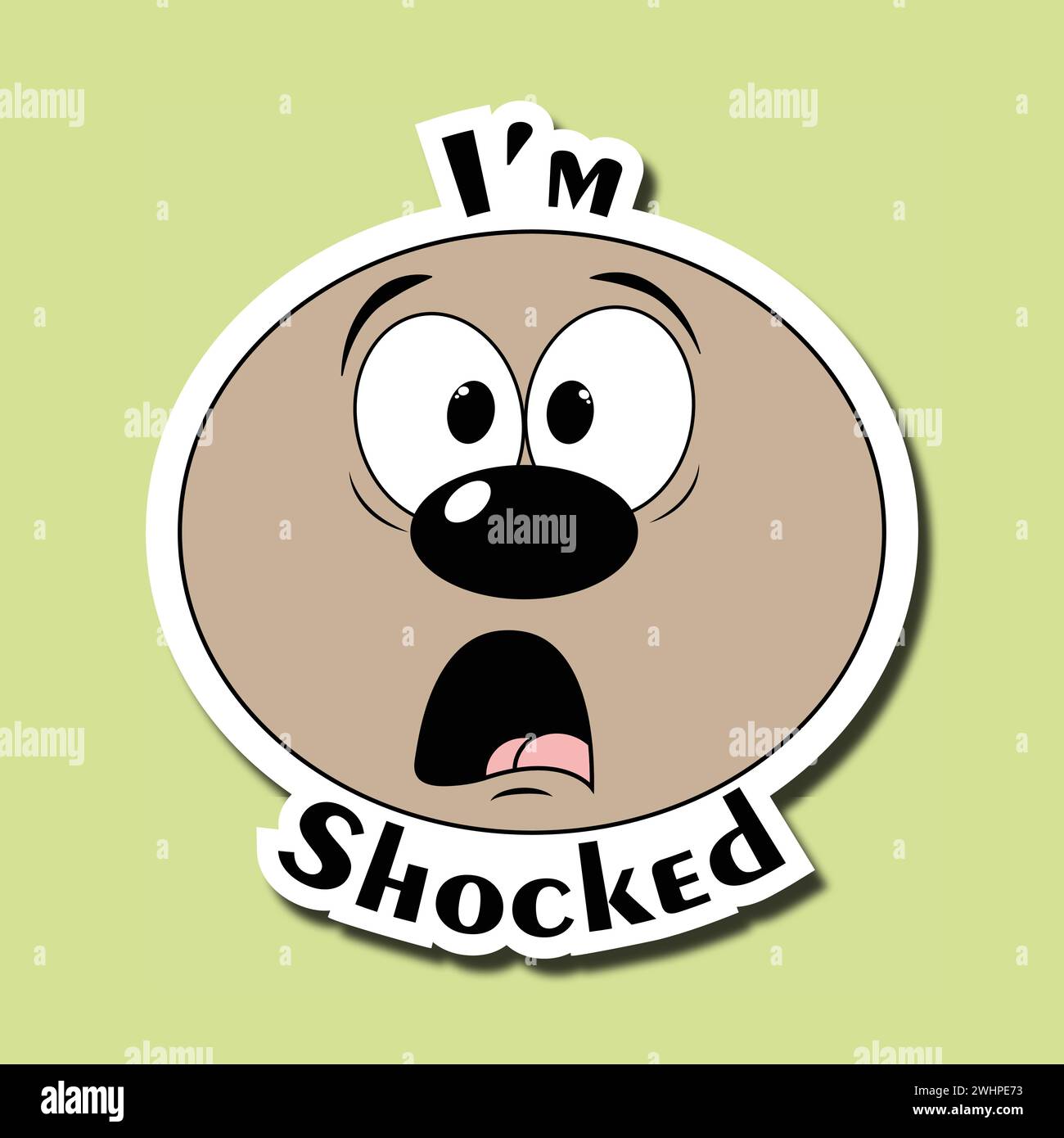 Funny face sticker. Emoticon with a shocked face. Expression of shock, surprise. Inscription: I'm shocked Stock Vector