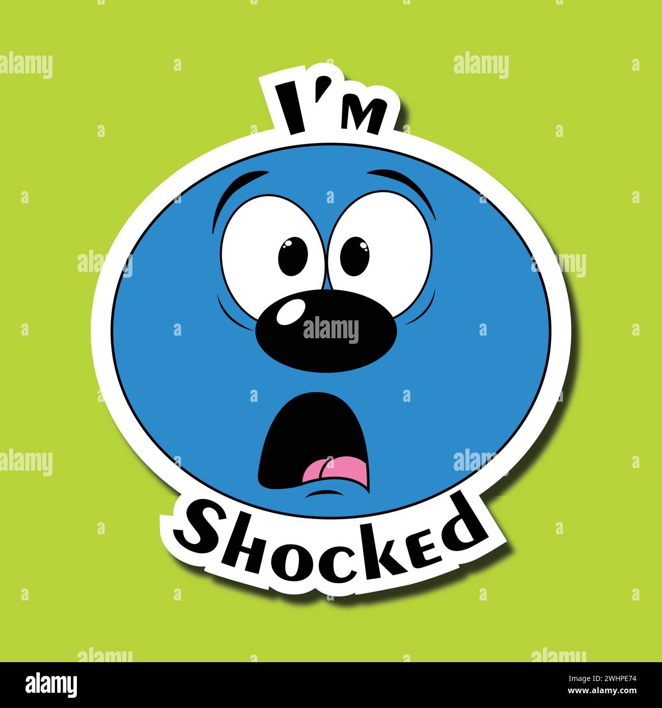 Funny face sticker. Emoticon with a shocked face. Expression of shock, surprise. Inscription: I'm shocked Stock Vector