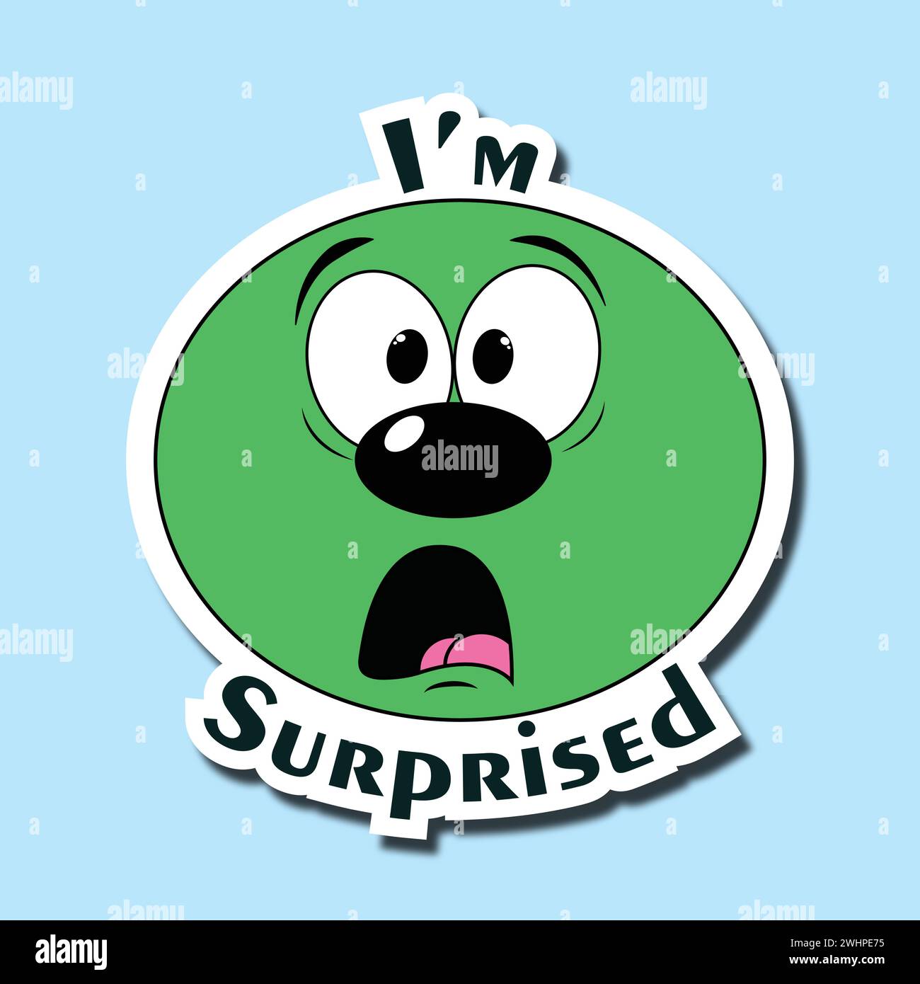 Funny face sticker. Emoticon with a surprised face. Expression of shock, surprise. Inscription: I'm surprised Stock Vector