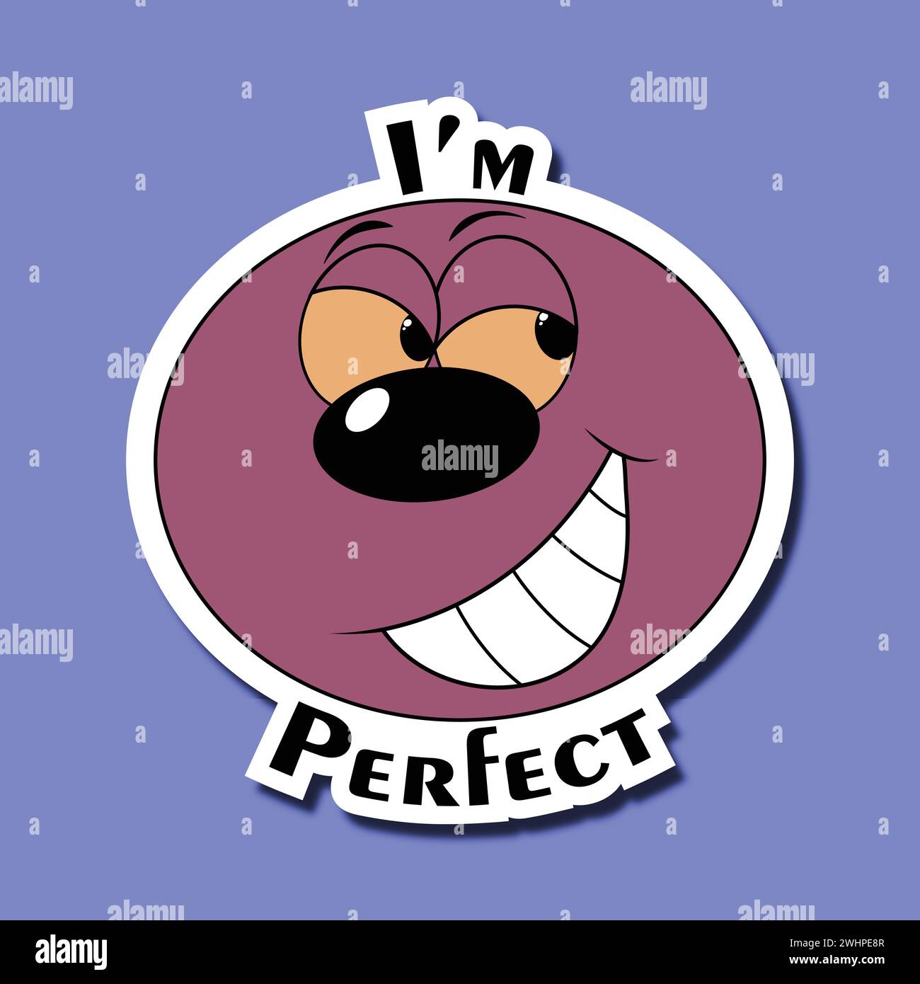 Funny face sticker. Emoticon with a malicious smile. Inscription: I'm perfect Stock Vector