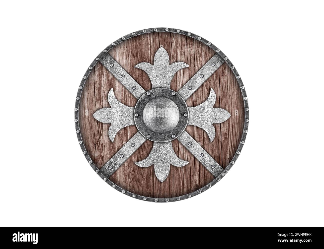 Old decorated wooden round shield isolated on white background Stock Photo