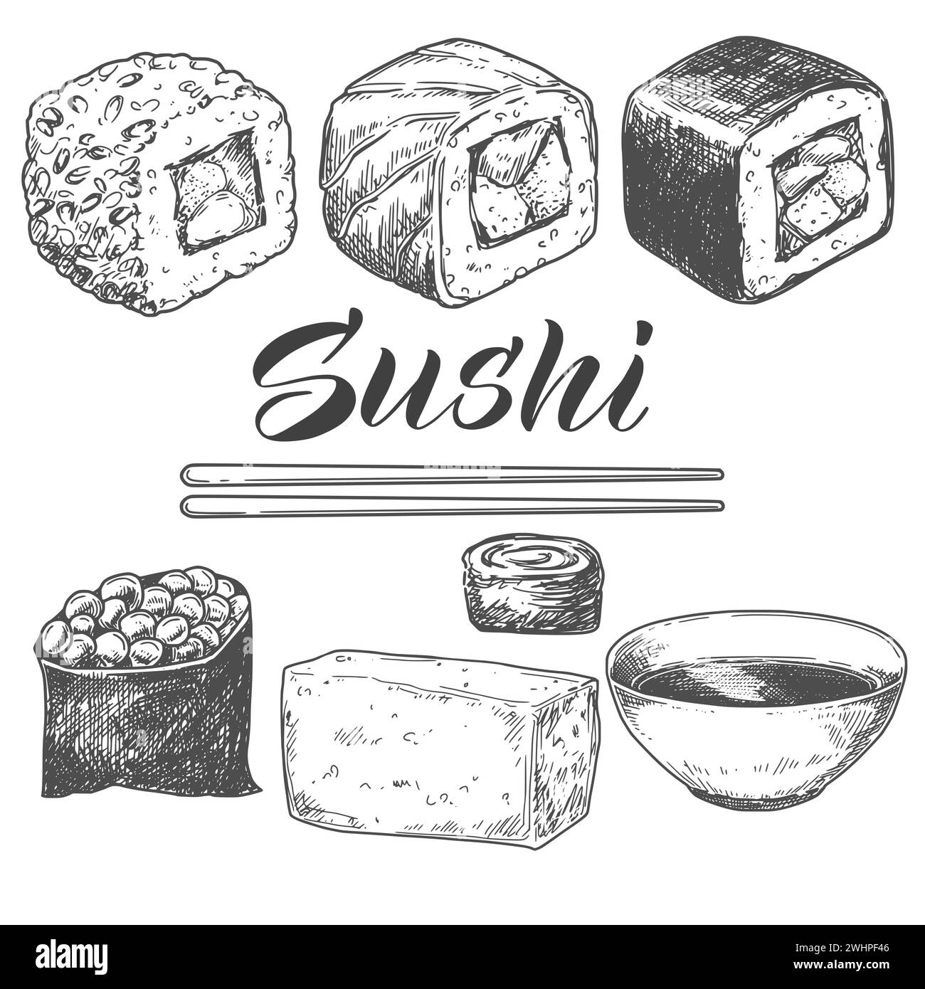 Hand drawn hatching sushi set isolated on white background. Vintage etching monochrome food design. Stock Vector