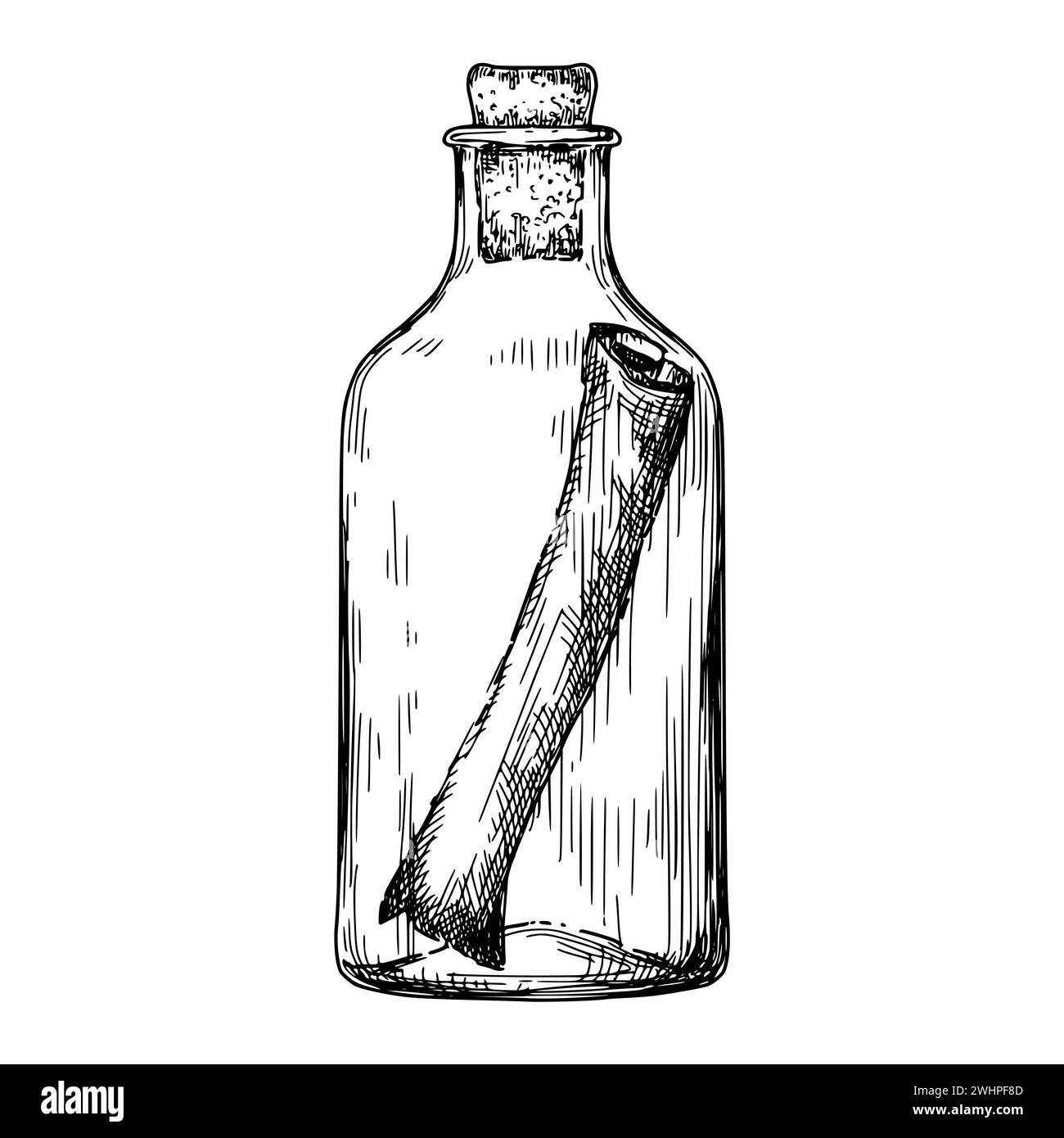 Vintage hand drawn bottle with map isolated on white background, pen