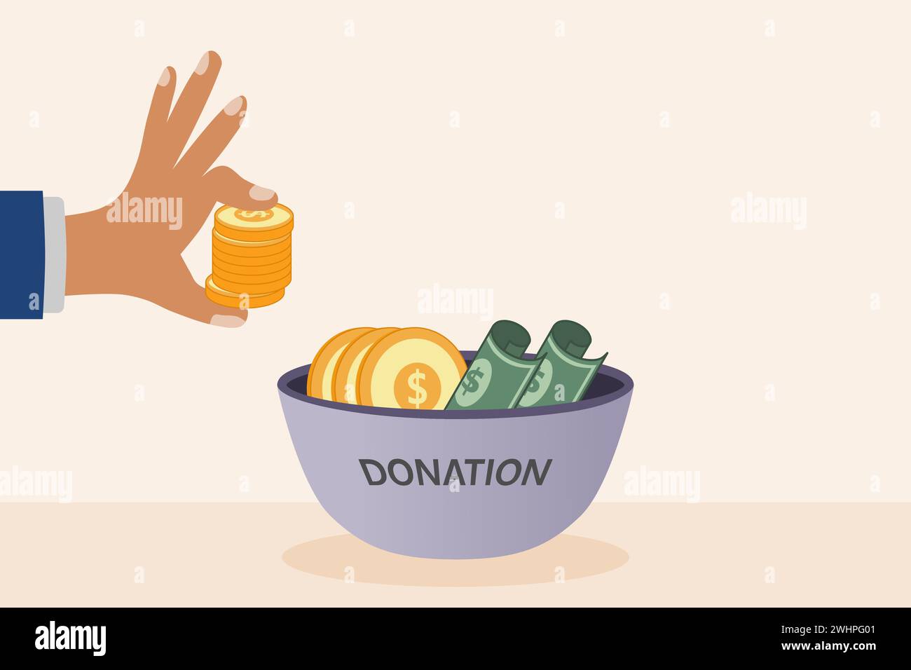 Hand putting coin in the donation bowl. Donation and charity concept ...