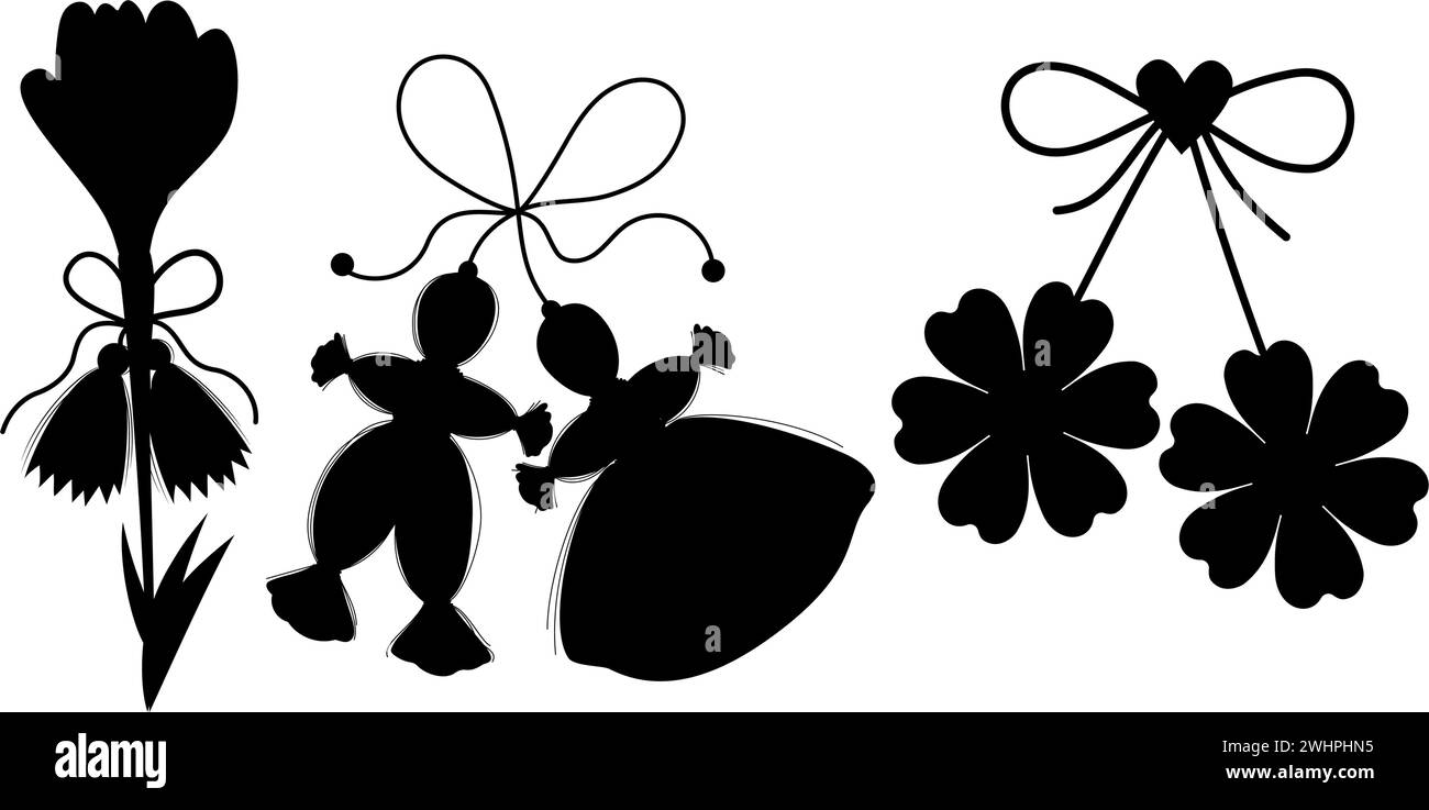 Martisor holiday silhouettes set. Martenitsa talisman. Isolated vector black drawings amulets. Moldovan, Romanian and Bulgarian symbol for spring begi Stock Vector
