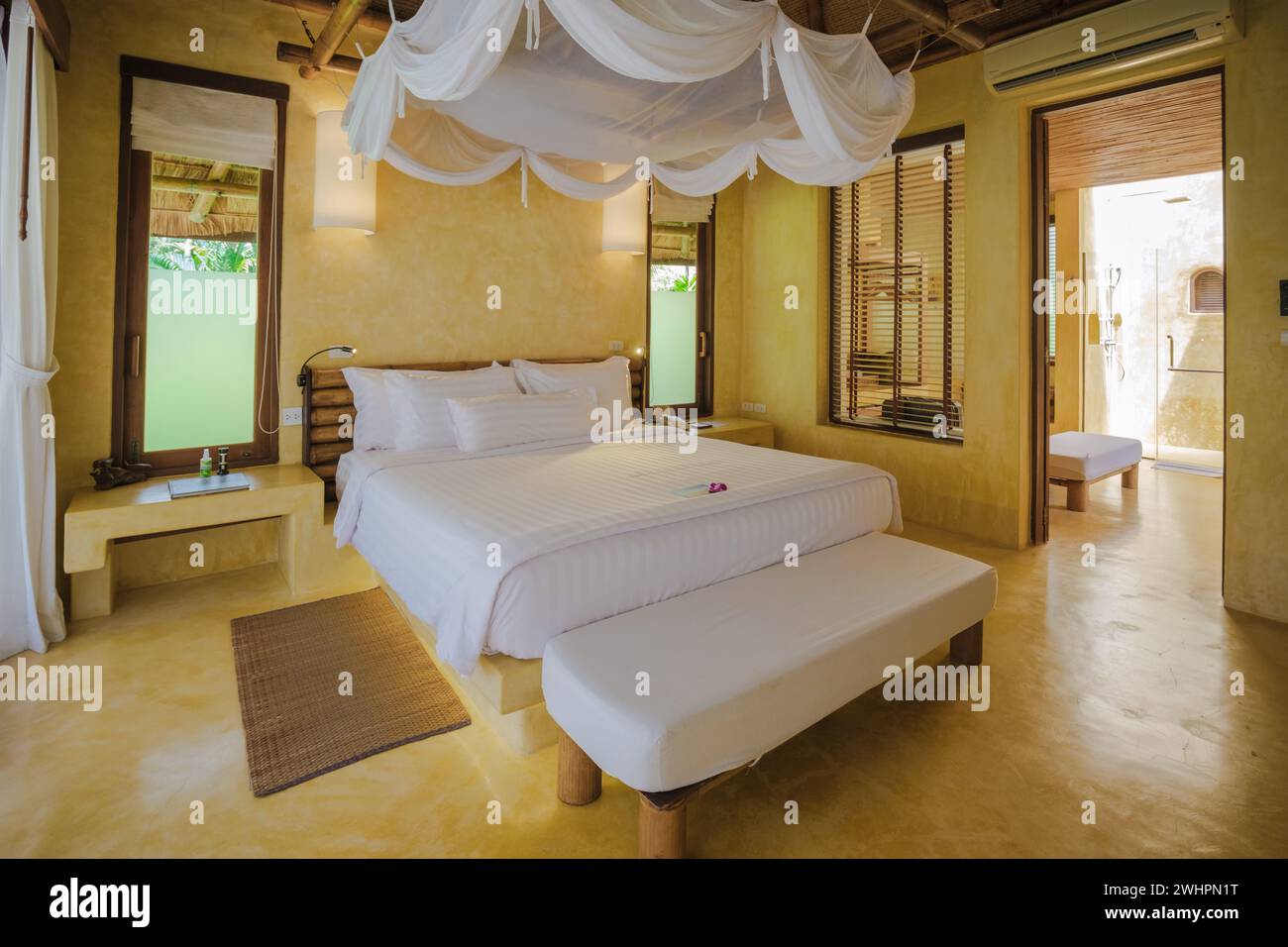 Bedroom Interior of modern house with a swimming pool, modern pool ...