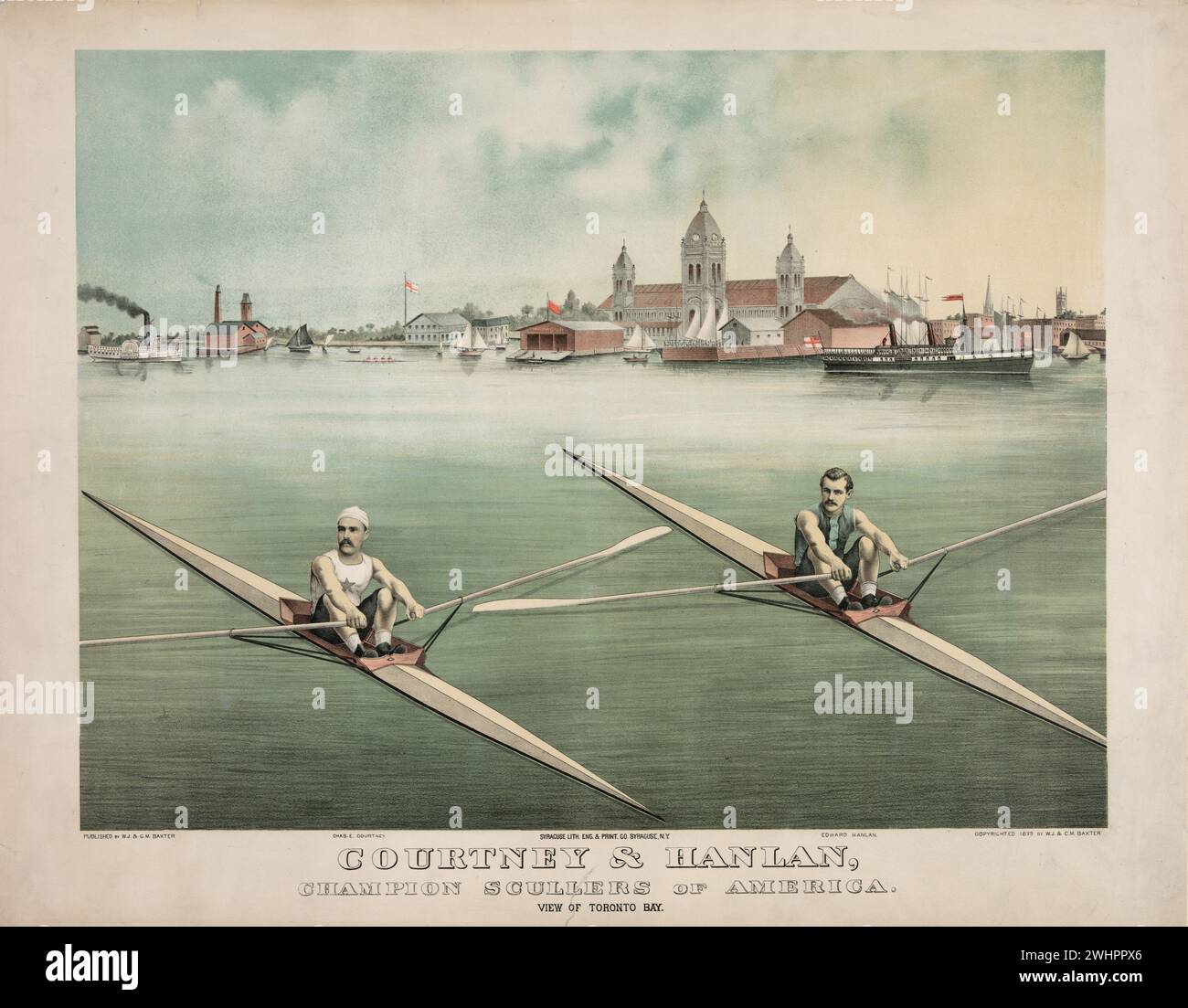 Courtney & Hanlan, champion scullers of America - view of Toronto Bay / Syracuse Lith. Eng. & Print. Co, Syracuse, N.Y.   .  Print showing Charles E. Courtney and Edward Hanlan sitting in racing shells with oars on the Toronto Bay. Stock Photo