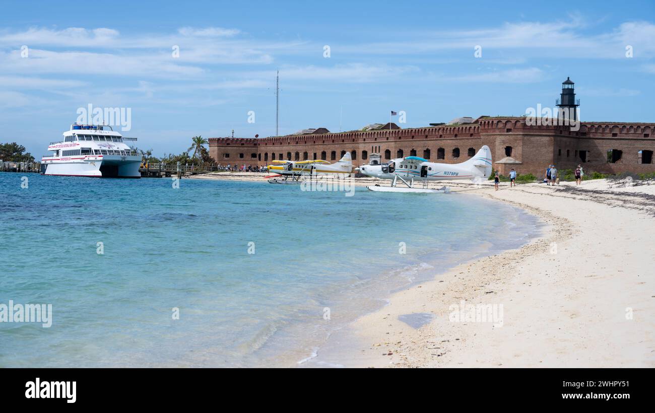 Ferry & seaplanes at Fort Jefferson, Garden Key, Gulf of Mexico, Dry Tortugas National Park, Florida Stock Photo
