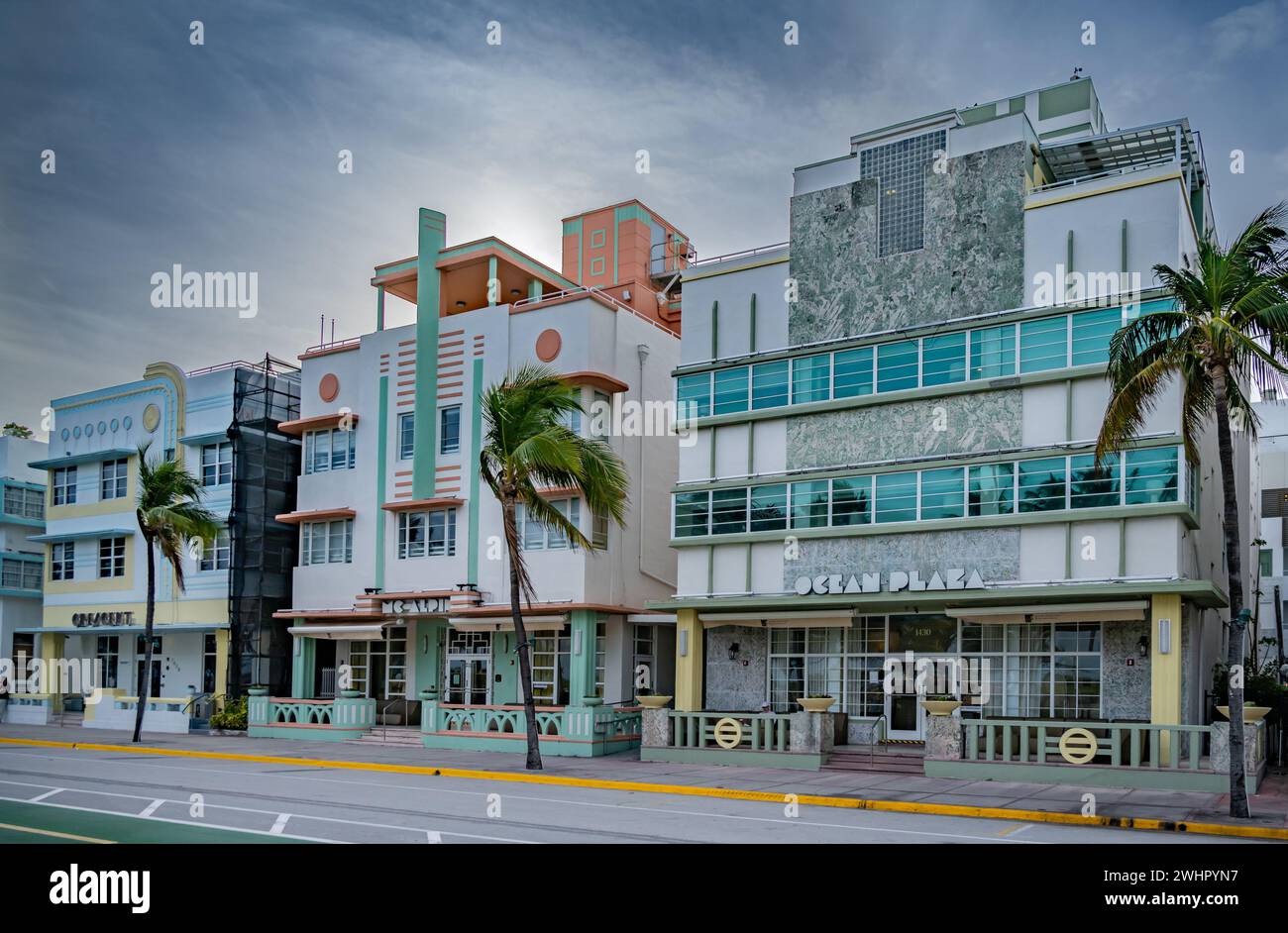 Crescent, McAlpin, and Ocean Plaza, Art Deco Historical District, Miami Beach, Florida Stock Photo