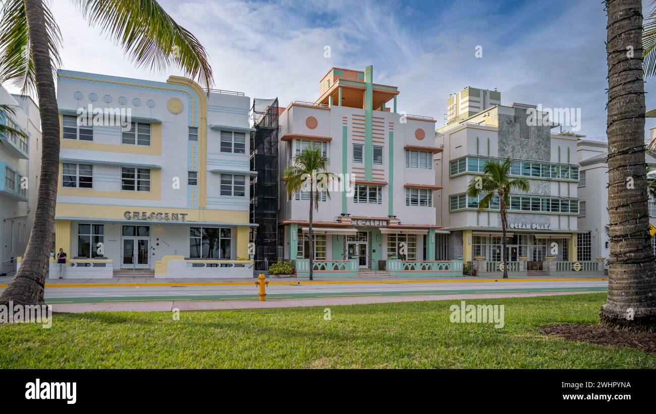Crescent, McAlpin, and Ocean Plaza, Art Deco Historical District, Miami Beach, Florida Stock Photo