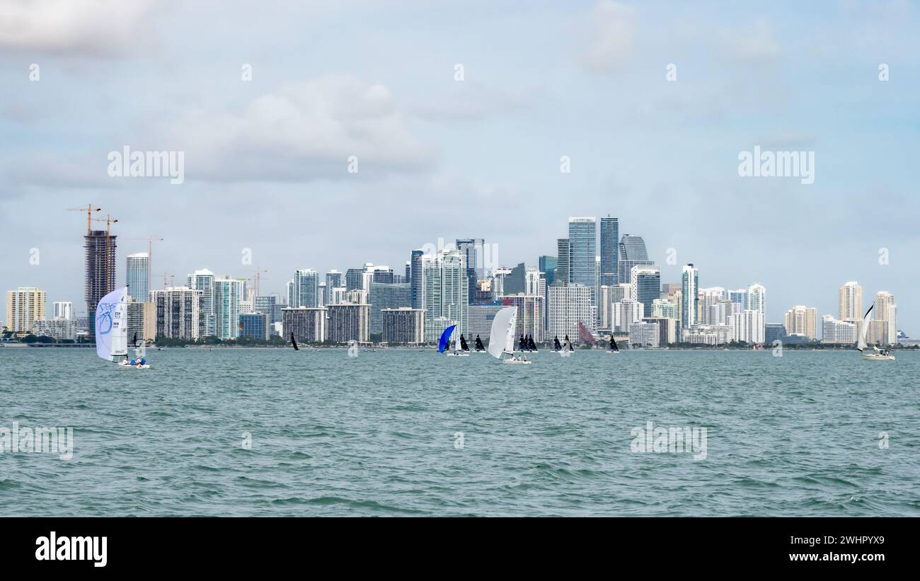 Sailboats, Miami skyline, Biscayne Bay, Biscayne National Park, Florida Stock Photo