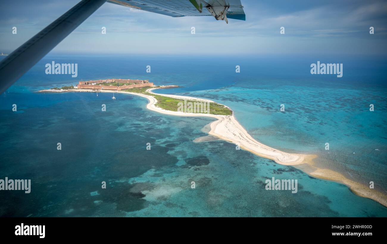 Arial view of Fort Jefferson, Garden Key, Bush Key, Gulf of Mexico, Dry Tortugas National Park, Florida Stock Photo
