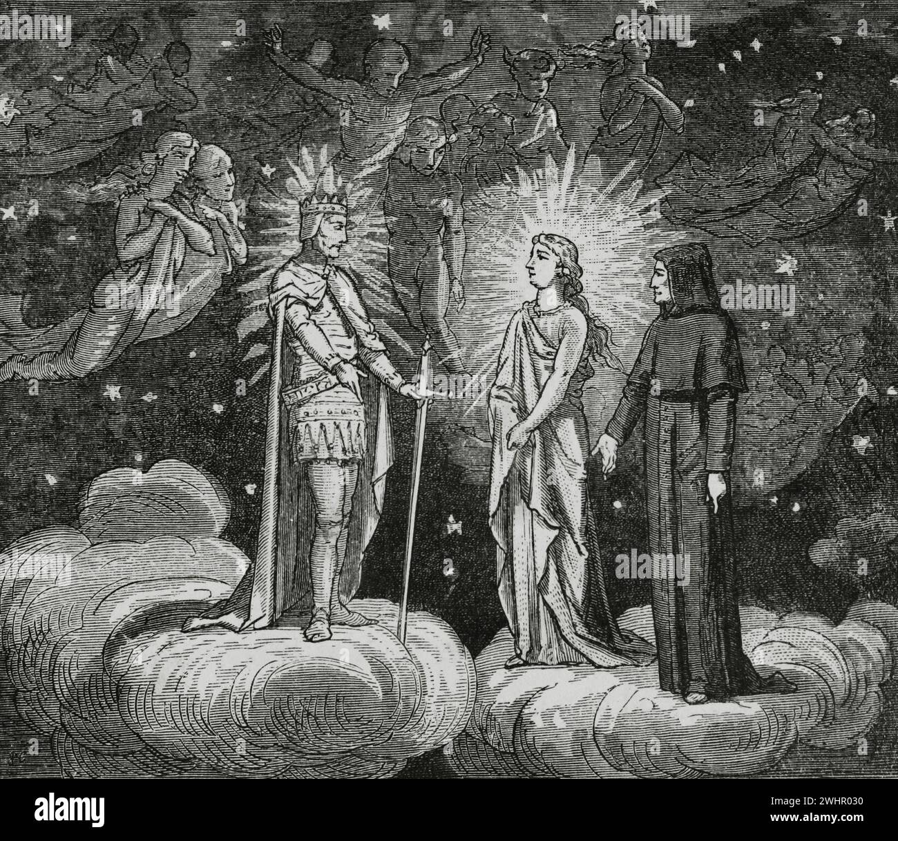 The Divine Comedy (1307-1321). Italian narrative poem by the Italian poet Dante Alighieri (1265-1321). The Paradise. 'Already flashed upon my forehead the crown...' Illustration by Yann Dargent (1824-1899). Engraving. Published in Paris, 1888. Stock Photo