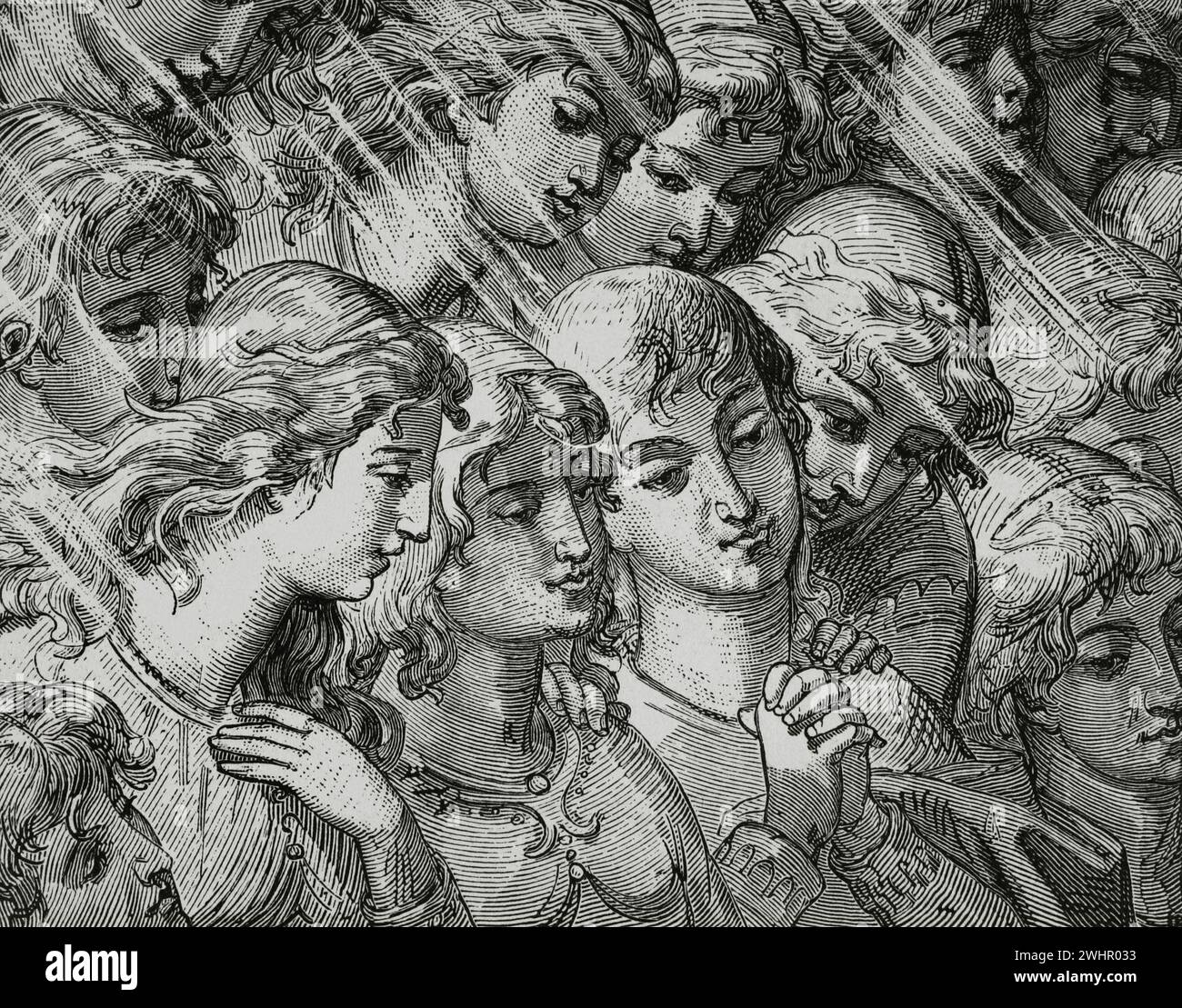The Divine Comedy (1307-1321). Italian narrative poem by the Italian poet Dante Alighieri (1265-1321). The Paradise. 'In your marvellous aspects there shines I know not what divine...' Illustration by Yann Dargent (1824-1899). Engraving. Published in Paris, 1888. Stock Photo