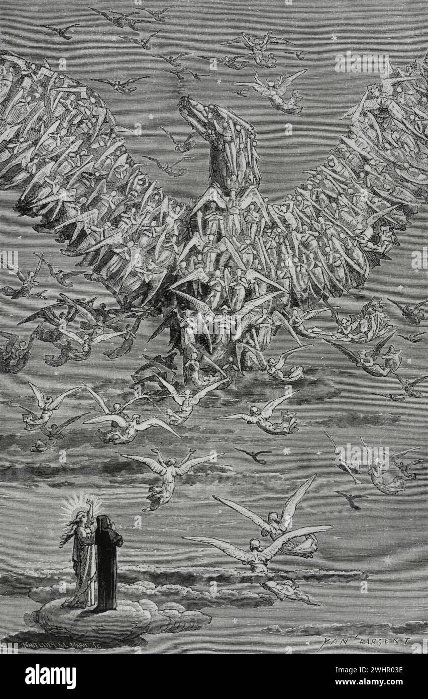 The Divine Comedy (1307-1321). Italian narrative poem by the Italian poet Dante Alighieri (1265-1321). The Paradise. 'The other blessed souls form an eagle in the sky...' Illustration by Yann Dargent (1824-1899). Engraving by Navellier & L. Marie. Published in Paris, 1888. Stock Photo