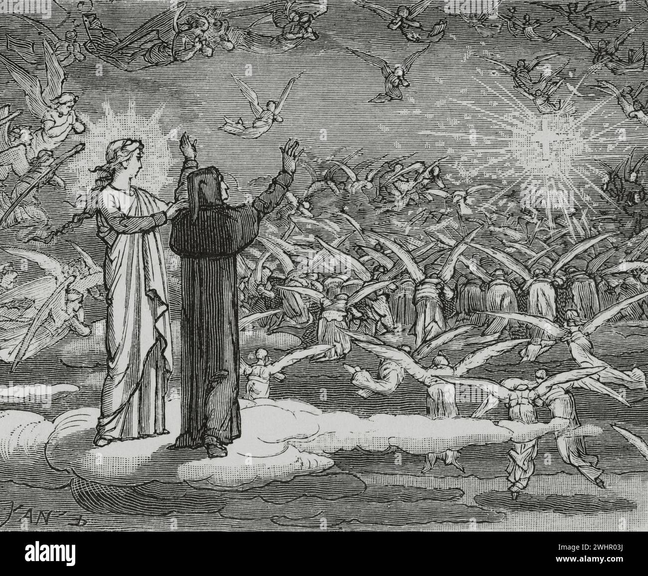 The Divine Comedy (1307-1321). Italian narrative poem by the Italian poet Dante Alighieri (1265-1321). The Paradise. 'Oh true sparkle of the Holy Ghost...' Illustration by Yann Dargent (1824-1899). Engraving. Published in Paris, 1888. Stock Photo