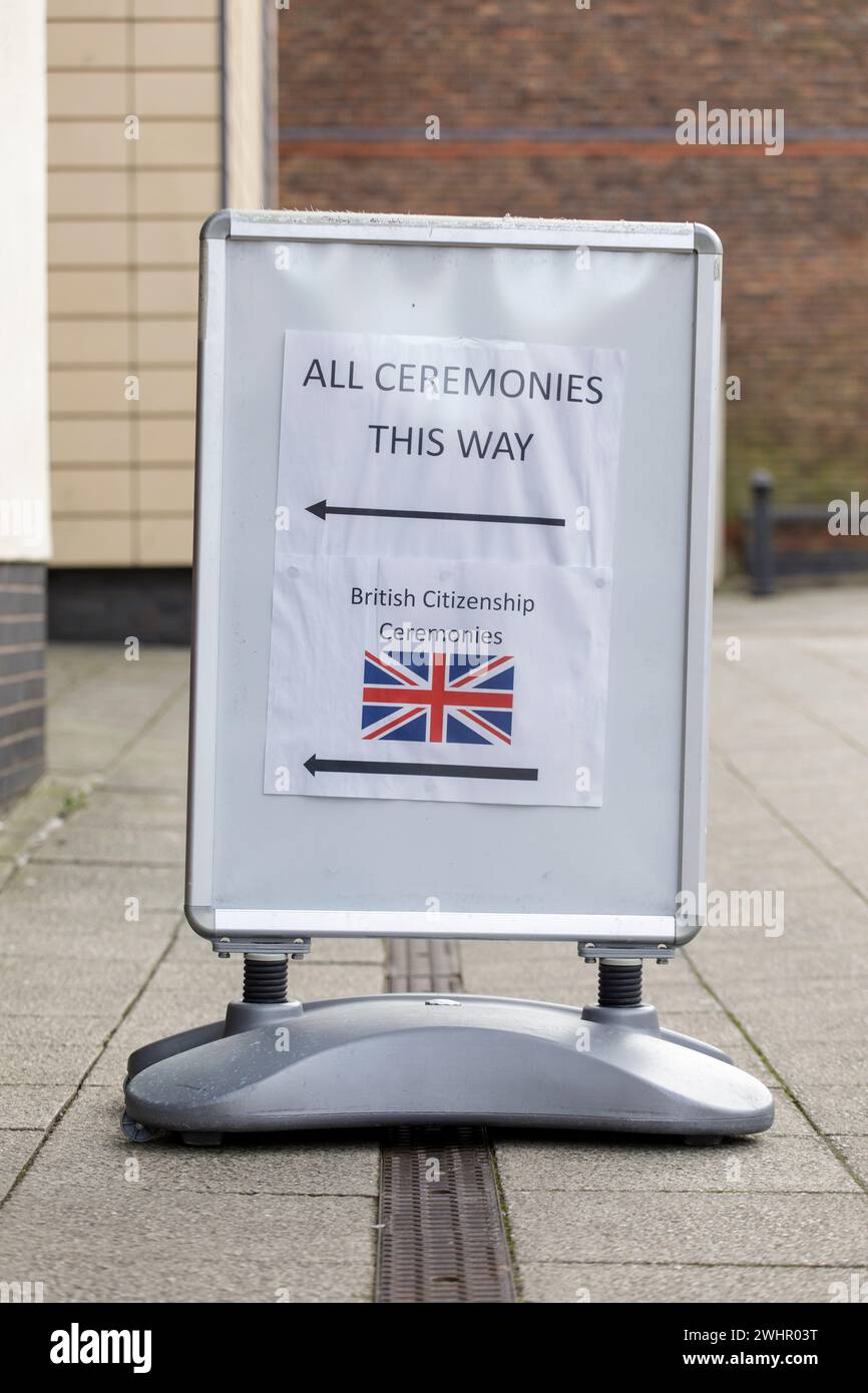 A sign outside the Register Office in Holliday Street, Birmingham, showing the way for British Citizenship Ceremonies. Stock Photo