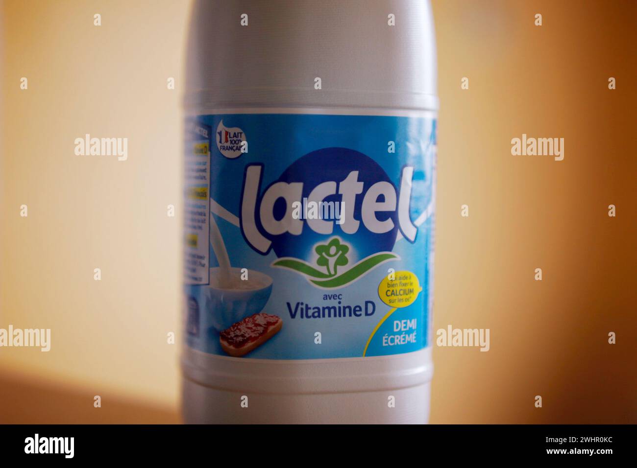 Bottle of French semiskimmed milk Lactel milk bottle with Vitamin D