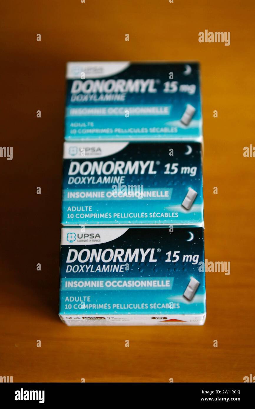 Three boxes of Donormyl: a French over-the-counter sleeping pill to help with insomnia Stock Photo