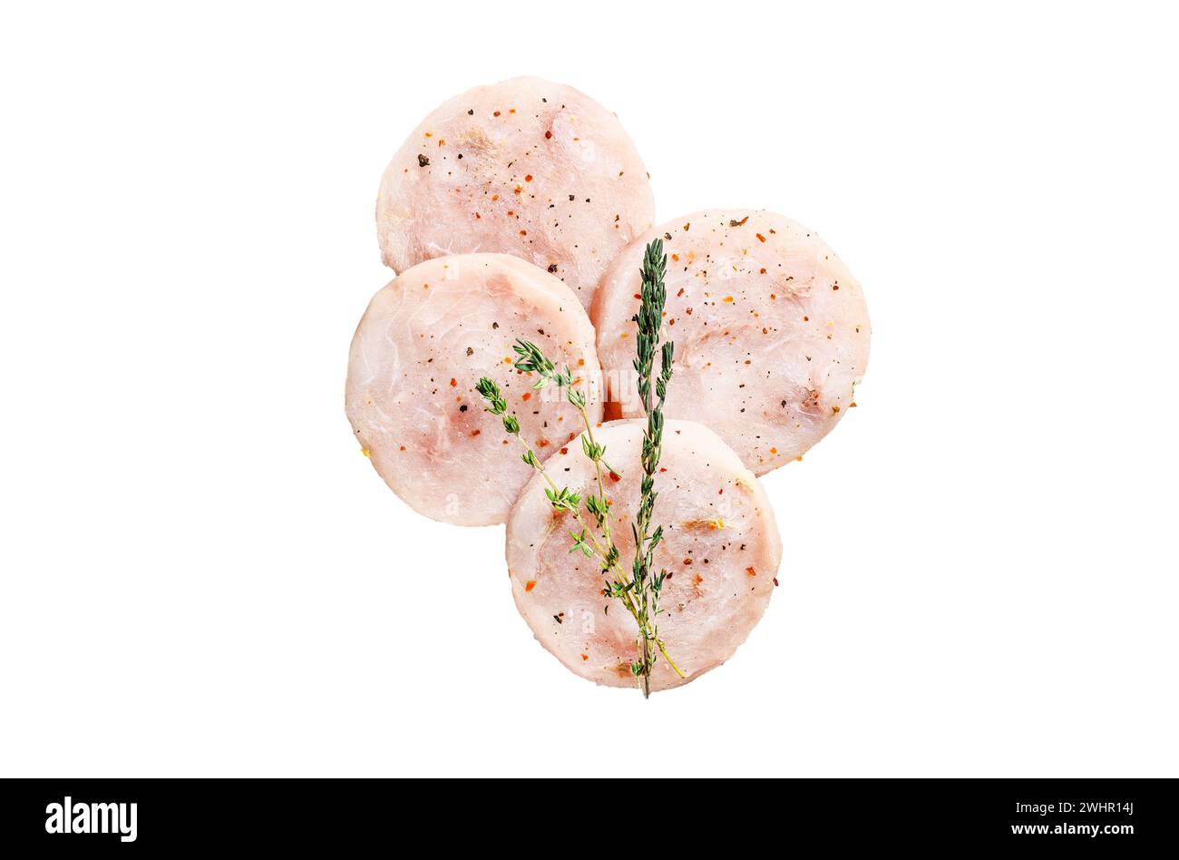 Raw fish cutlets made from minced cod ready for cooking. Isolated on white background. Top view Stock Photo