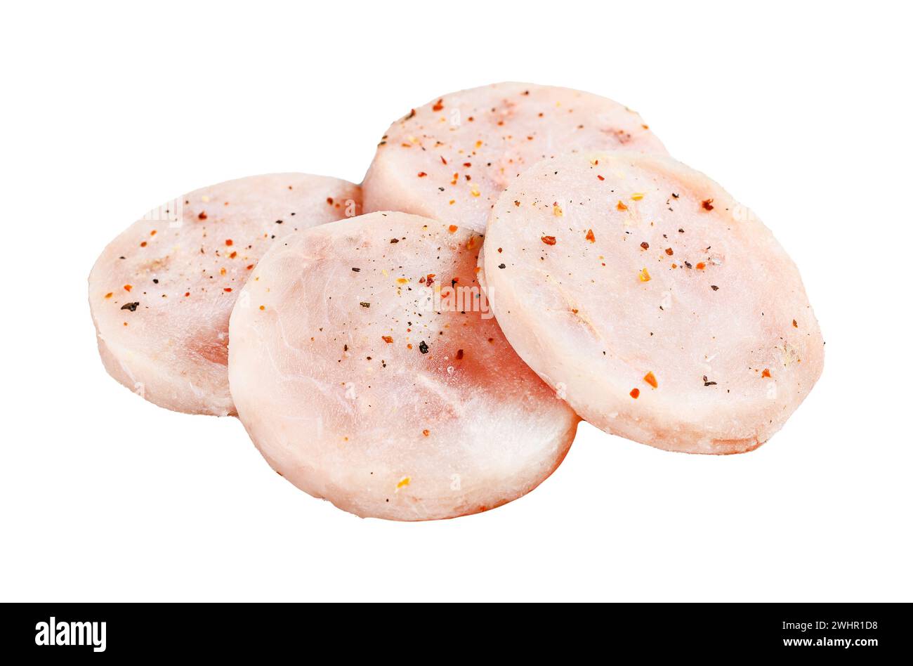 Raw fish cutlets made from minced cod ready for cooking. Isolated on white background. Top view Stock Photo