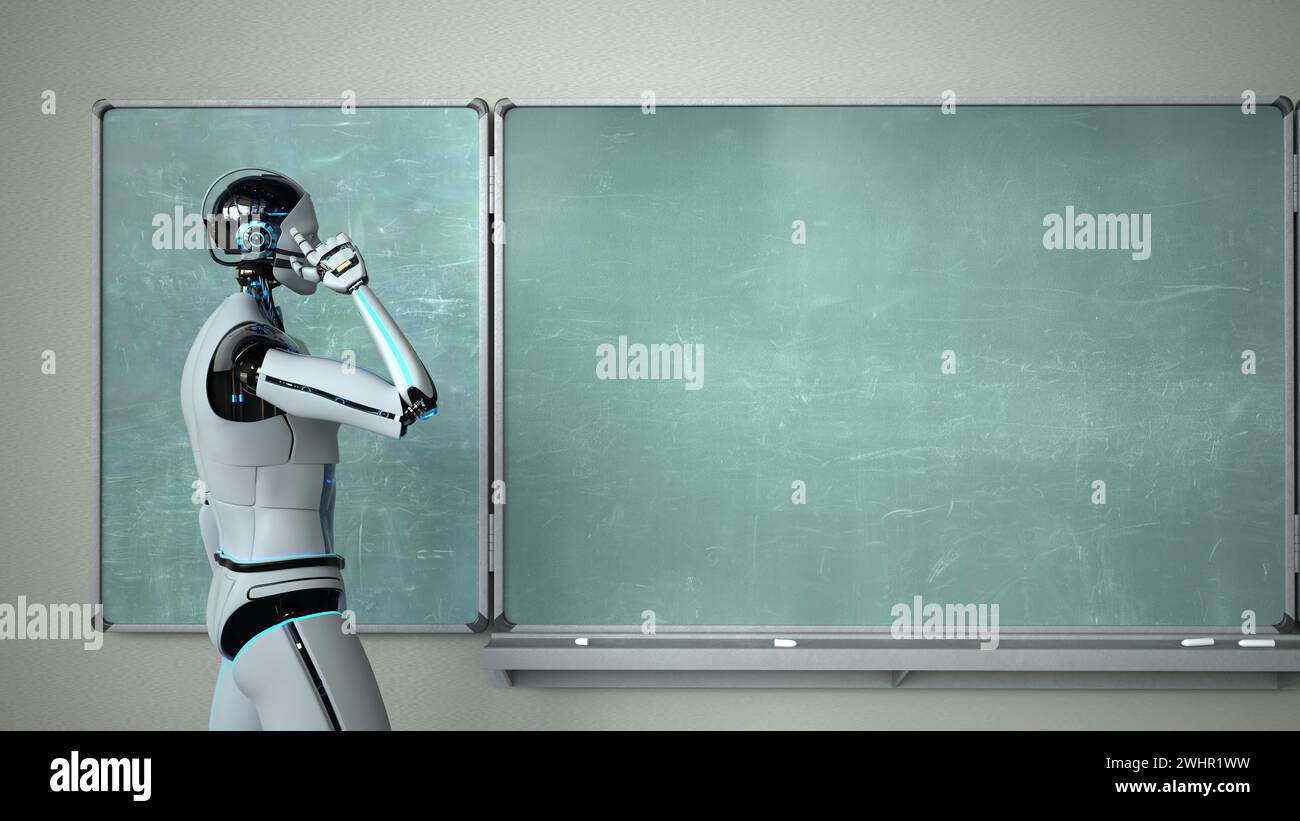 Thinking Humanoid Robot Chalkboard Teacher Stock Photo