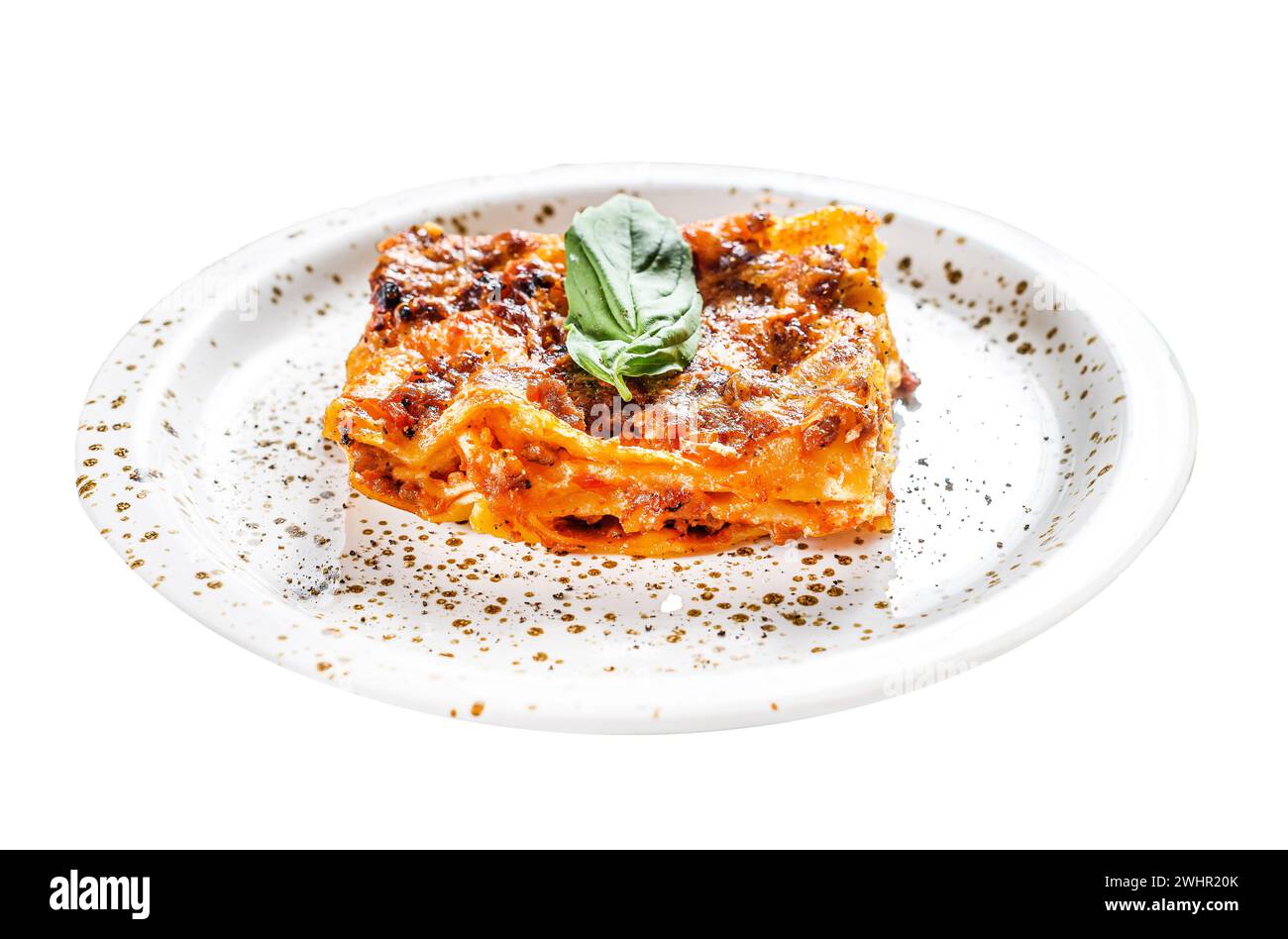 Traditional lasagna made with minced beef, bolognese and bechamel sauces. Isolated on white background. Top view Stock Photo