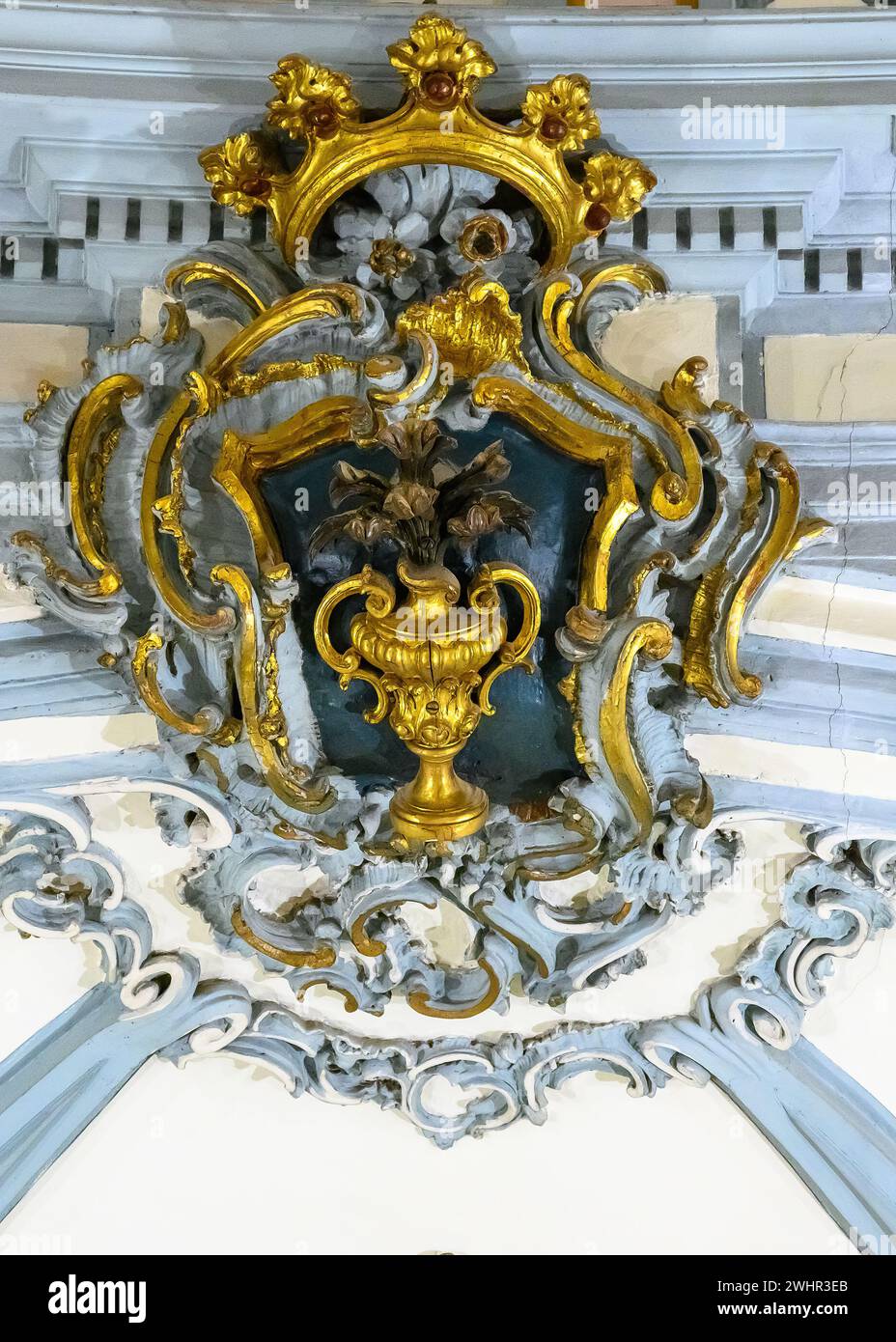 Decoration symbol with royal crown in the border of the dome or cupola. Interior architectural feature of the Museum Church Saint John of God Stock Photo