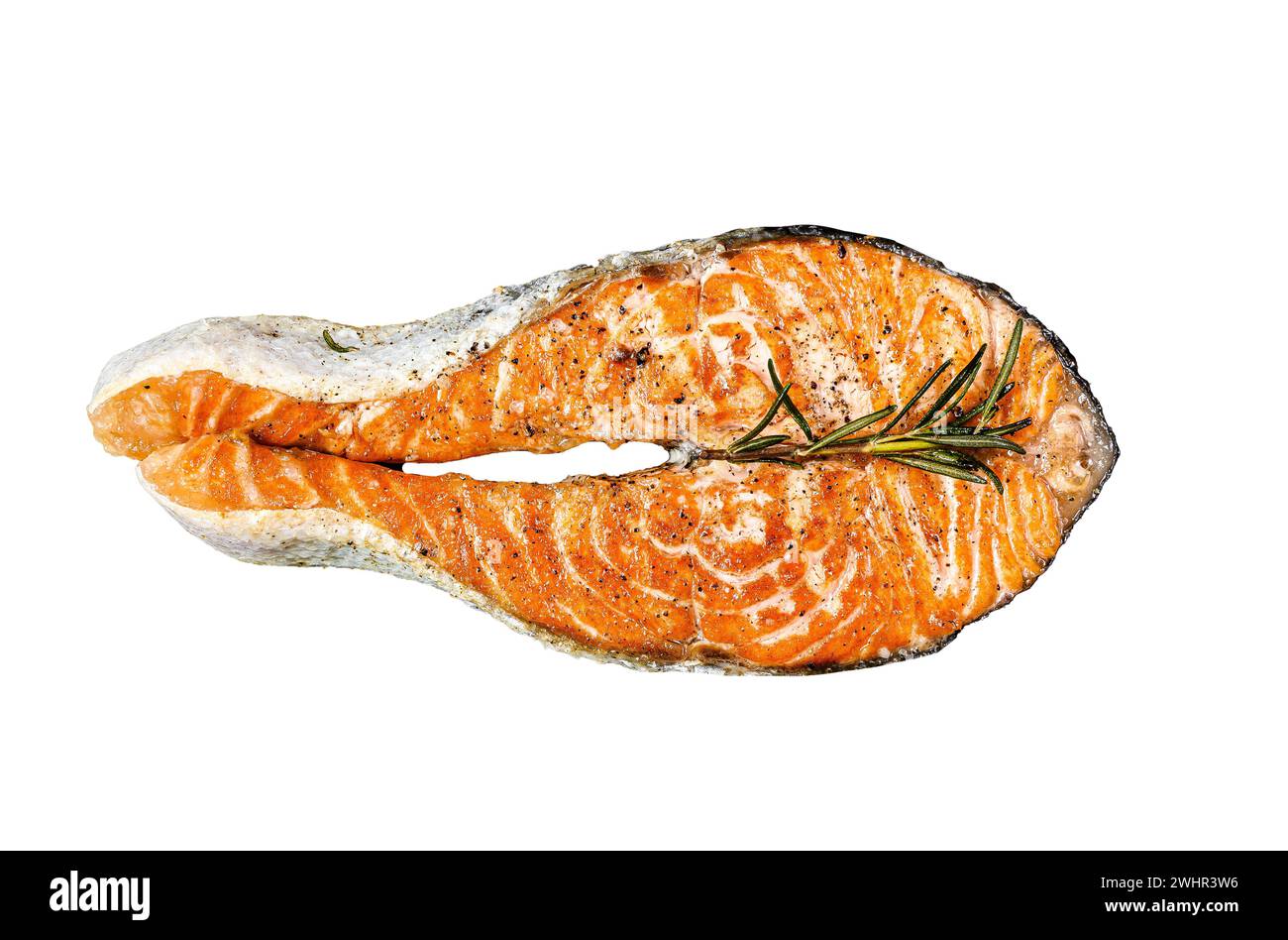 Grilled salmon steak Isolated on white background. Top view Stock Photo ...