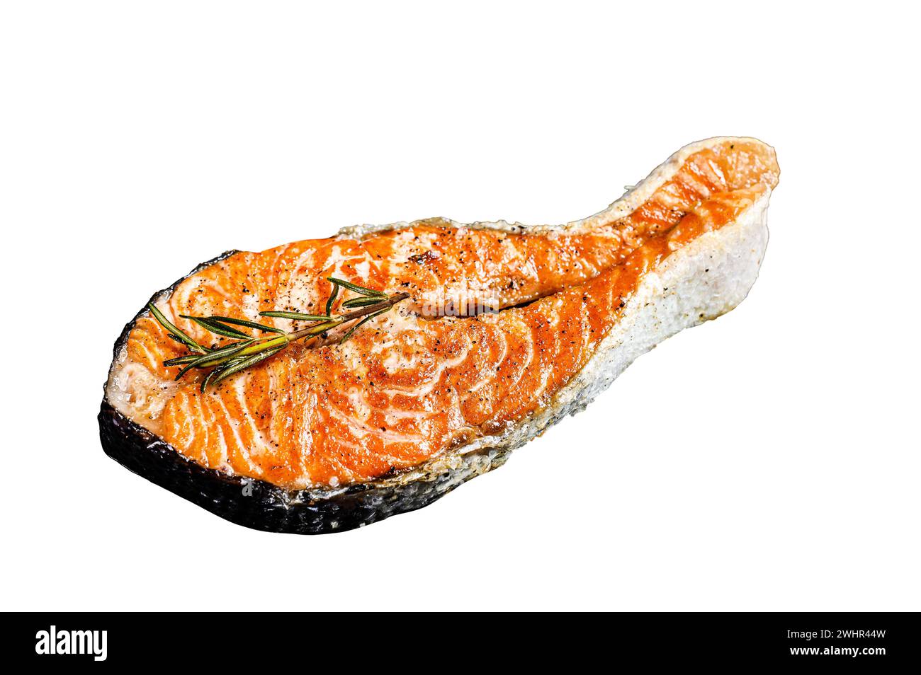 Grilled salmon steak Isolated on white background. Top view Stock Photo ...