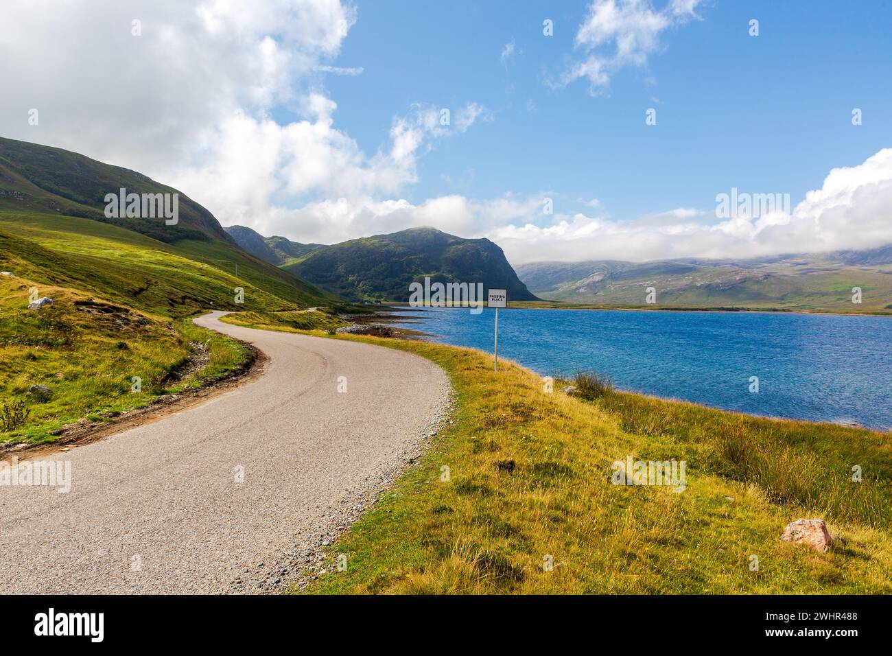 Single wavy, serpentine road in North Coast 500, Scotland Stock Photo