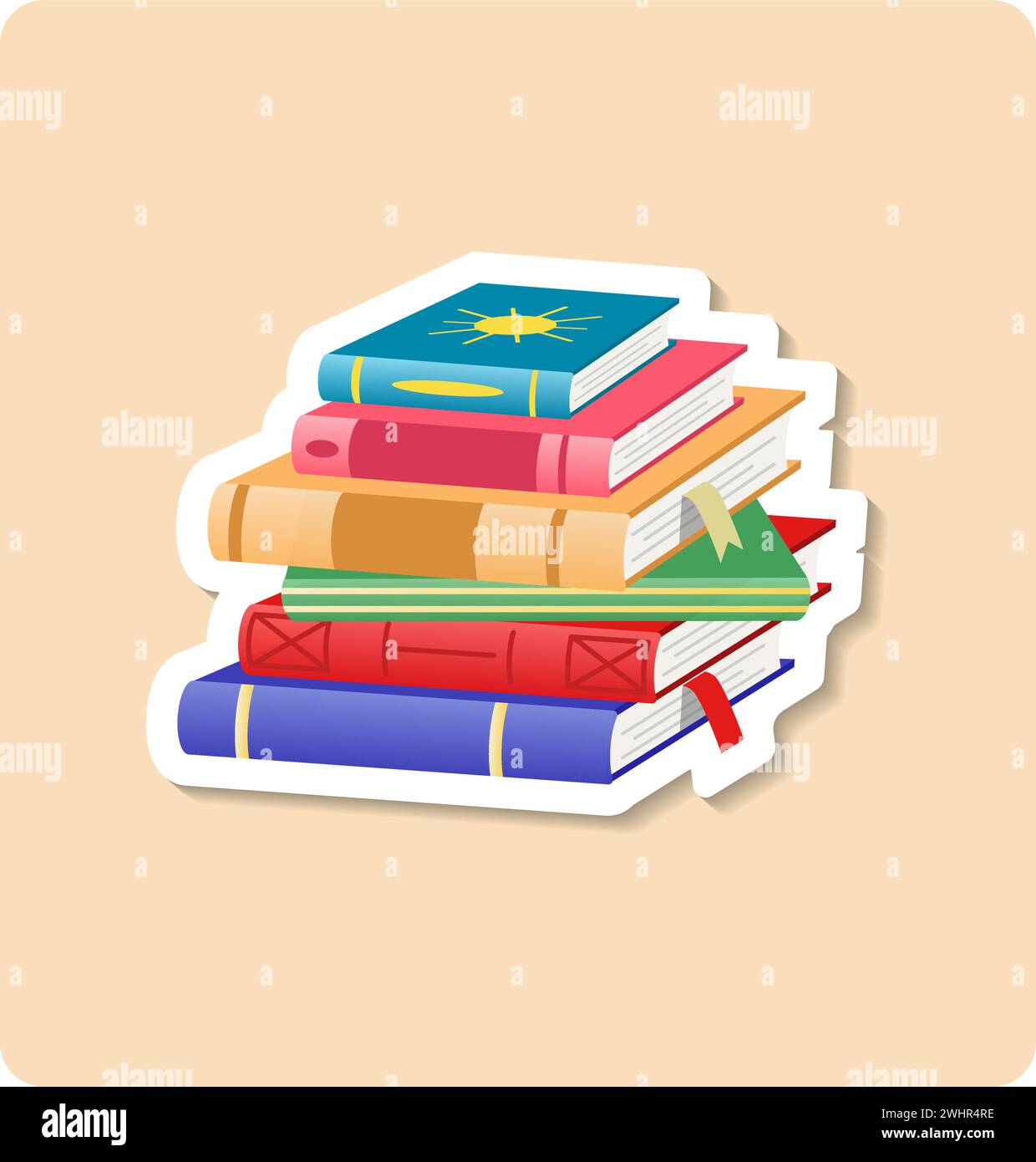 Books sticker illustration. Book, stack, bookmark, variety. Editable vector graphic design. Stock Vector