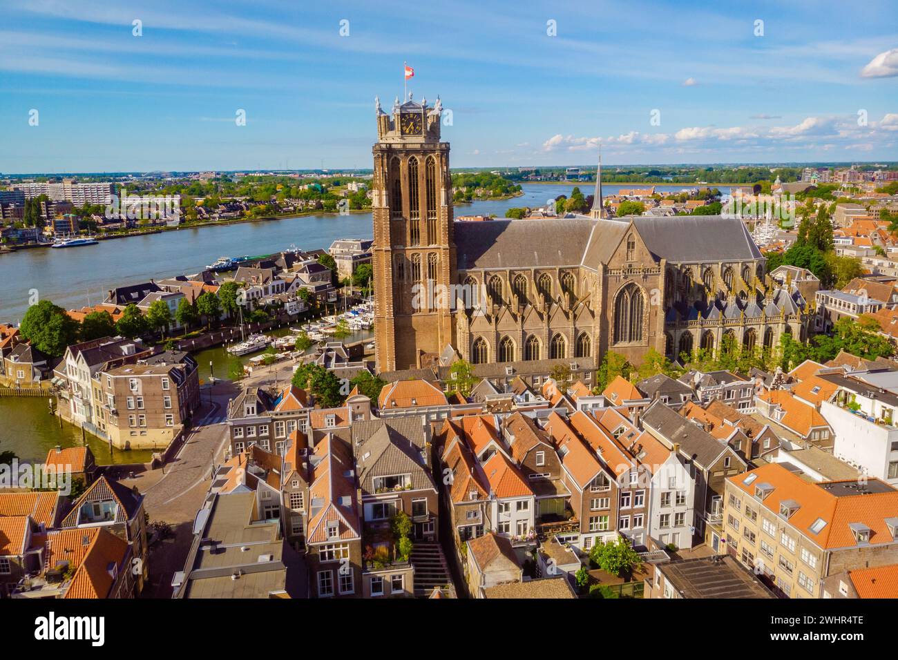 Dordrecht Netherlands, skyline of the old city of Dordrecht with church and canal buildings Stock Photo