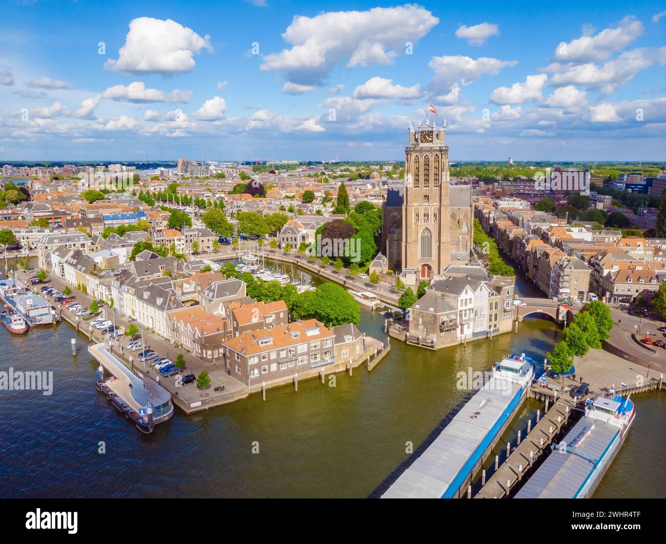 Dordrecht Netherlands, skyline of the old city of Dordrecht with church and canal buildings Stock Photo