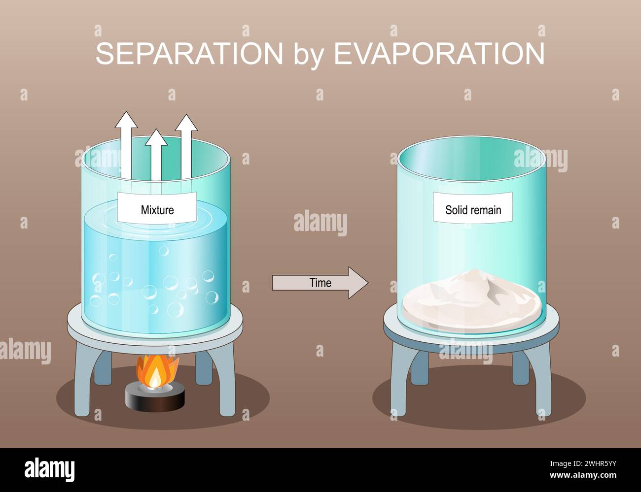 Separation by Evaporation. Organic chemistry. Salt extraction. scientific experiment. Vector poster. Isometric Flat illustration. Stock Vector