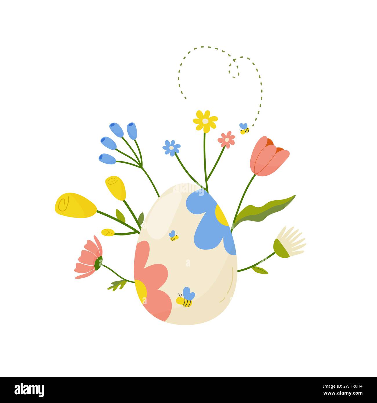 Easter egg with flowers, concept for print, postcard design. Vector illustration on white background vector. Stock Vector