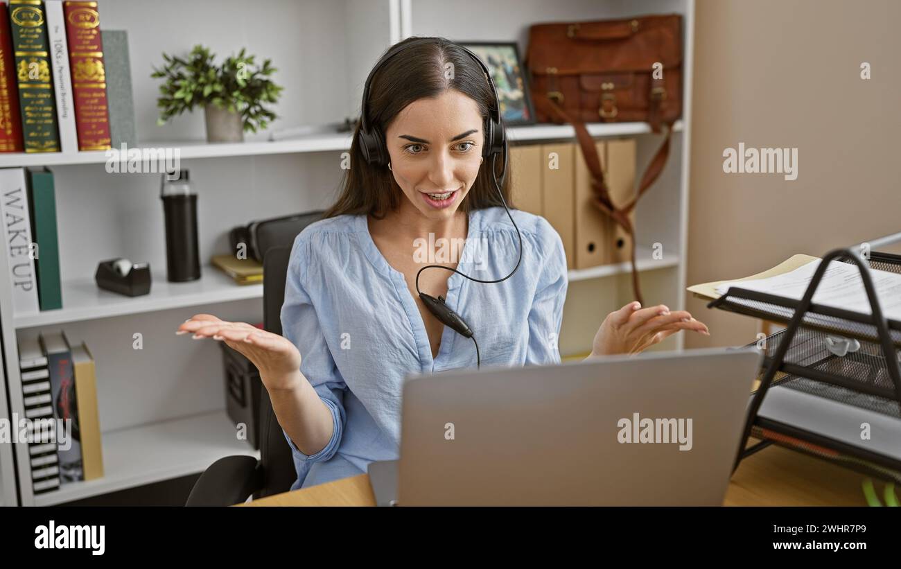 Glowing young hispanic woman is the picture of success in business ...