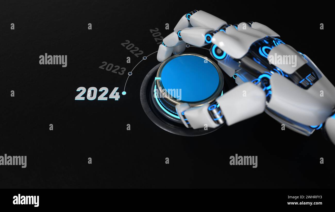 Robot turns the knob and switches to 2024. 3d illustration Stock Photo ...