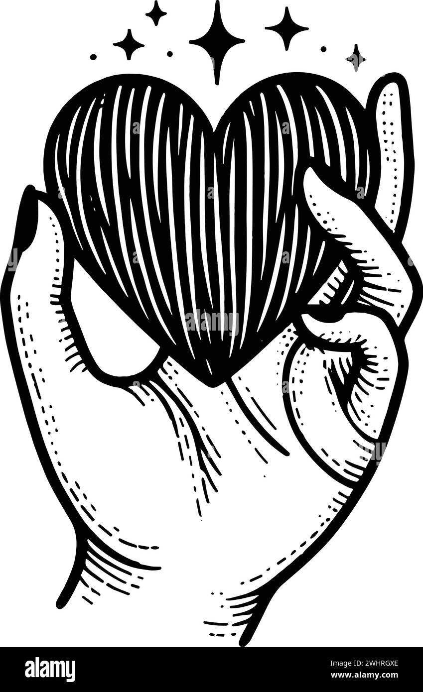 Hand Cradling Heart Illustration in Stippling Style Stock Vector Image