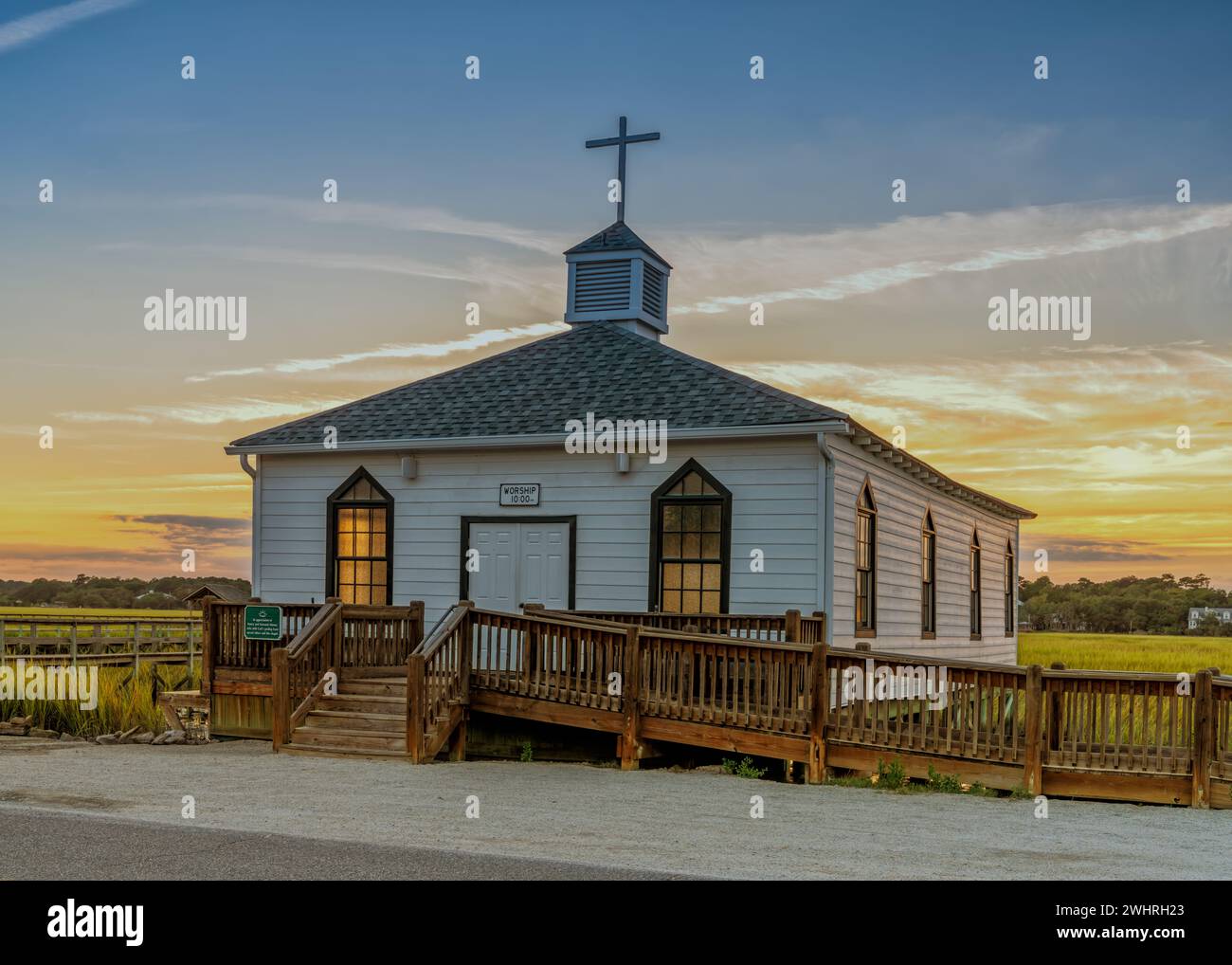 Historic Pawleys Island Chapel on the marsh at sunset Stock Photo