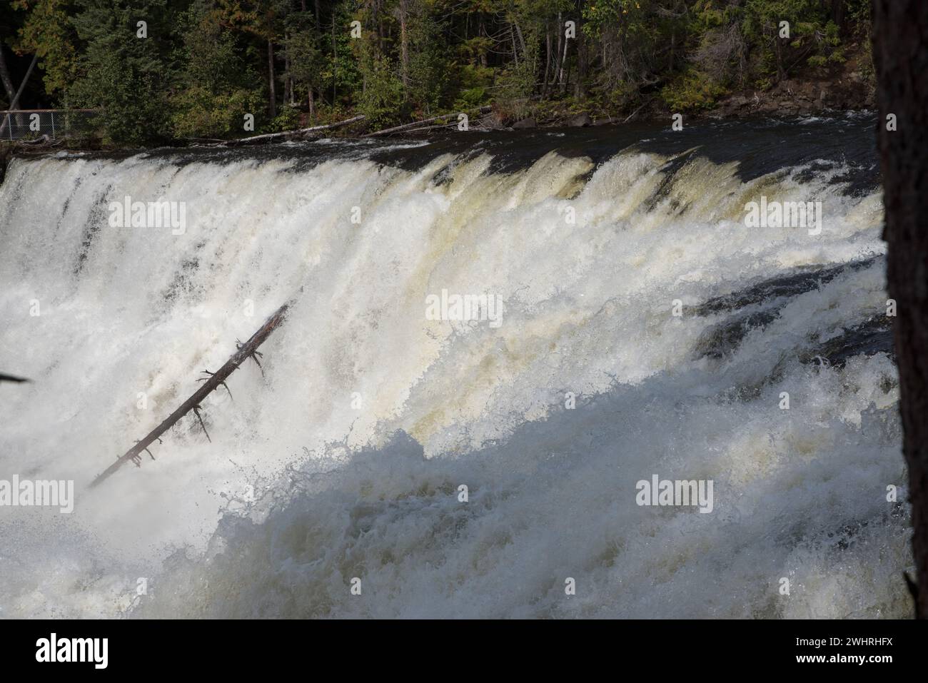 Dawson Falls is a spectacular waterfall fall just 18 meters high but 107 meters wide in Wells Gray Provincial Park in British Columbia in Canada. Stock Photo