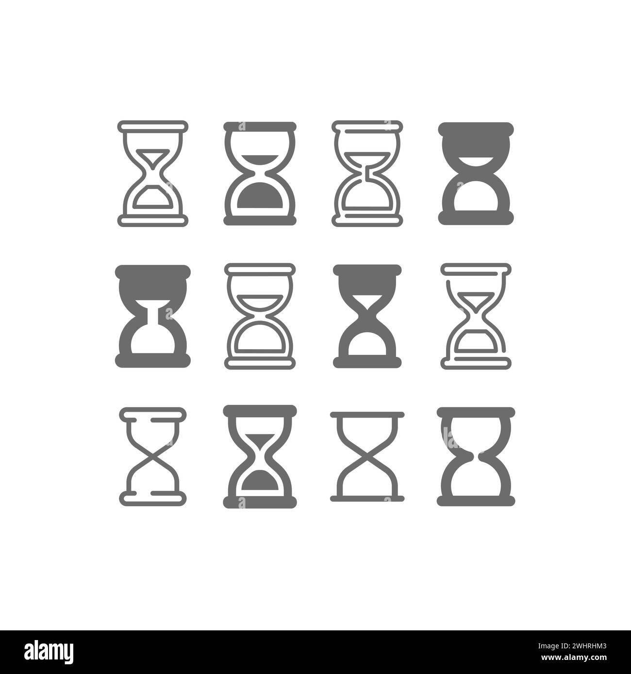Sandglass or hourglass vector icon set. Sand clock or glass, glyph and line icons, editable stroke. Stock Vector