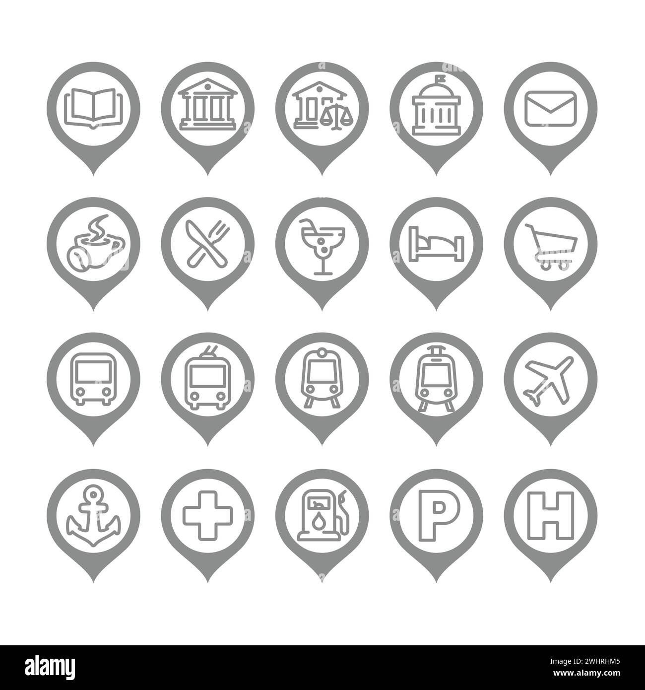 Location map pin and bus, subway station icon set. Restaurant, hotel and hospital vector icons, editable stroke. Stock Vector