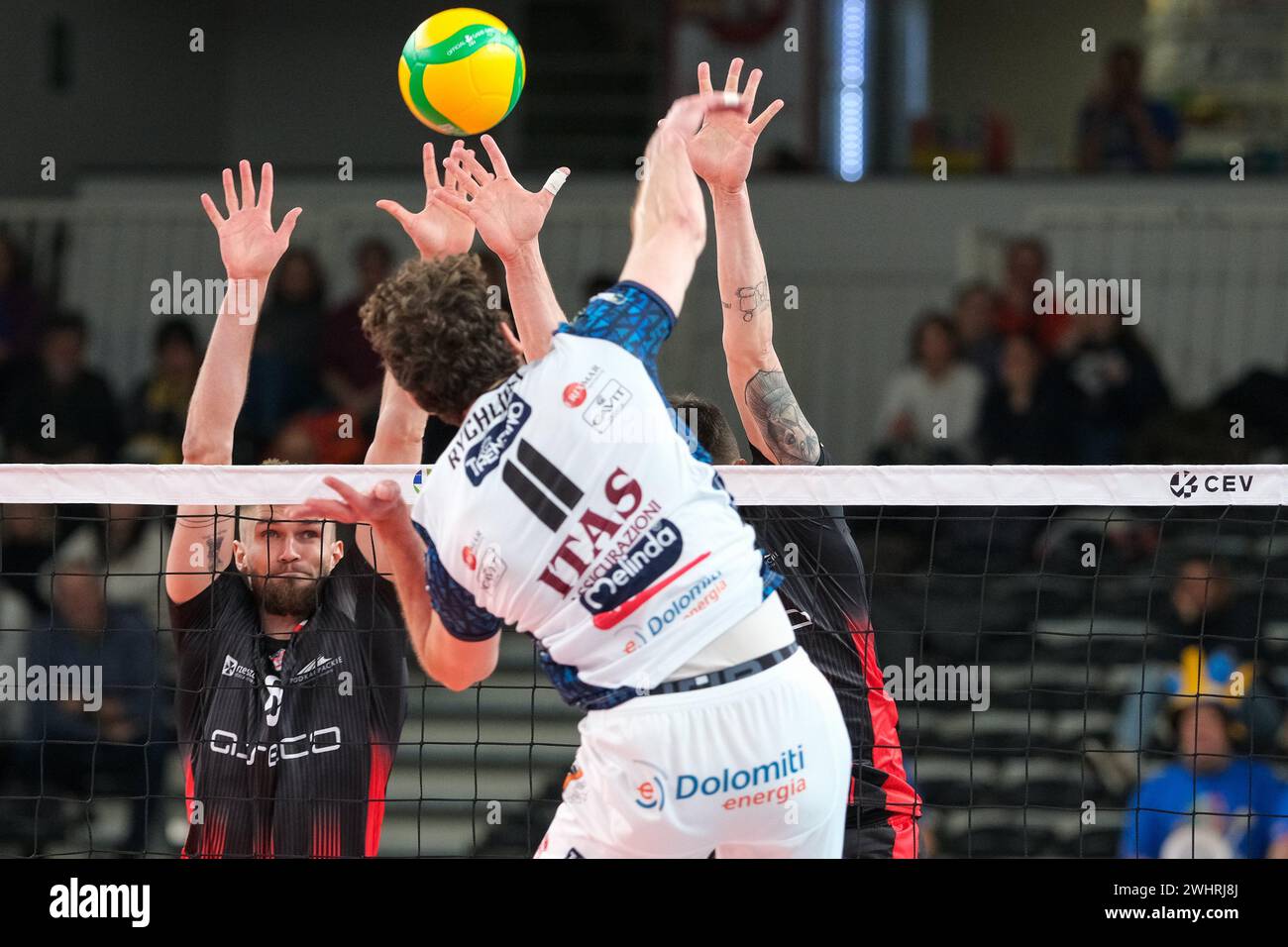 Karol Klos of Asseco Resovia Rzeszòw in action during the match between ITAS Trentino Volley and Asseco Resovia Rzeszòw, valid for Pool B of CEV Men V Stock Photo