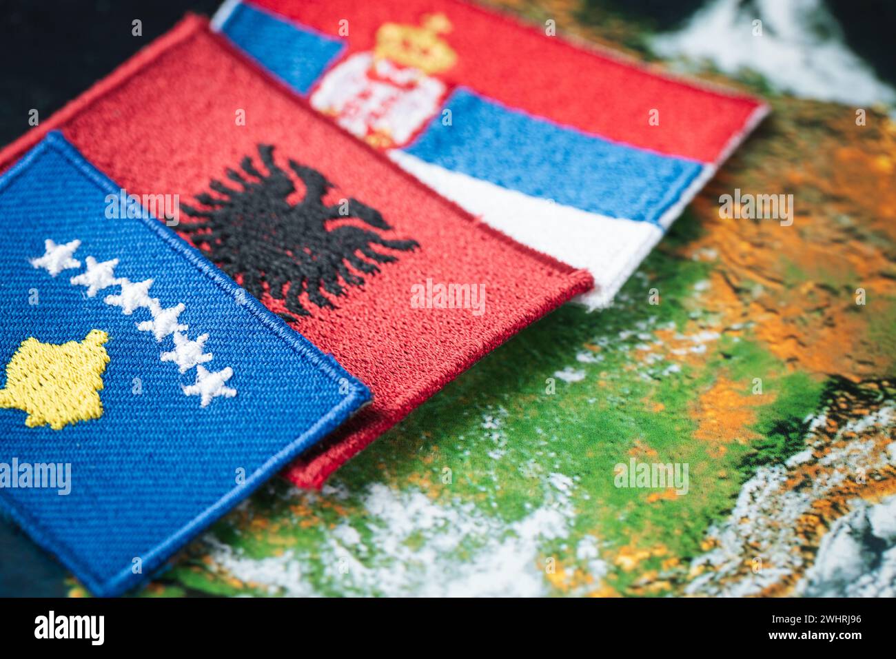 Symbol of Kosovo, Serbia and Albania, Concept of difficult relations and border problems Stock Photo