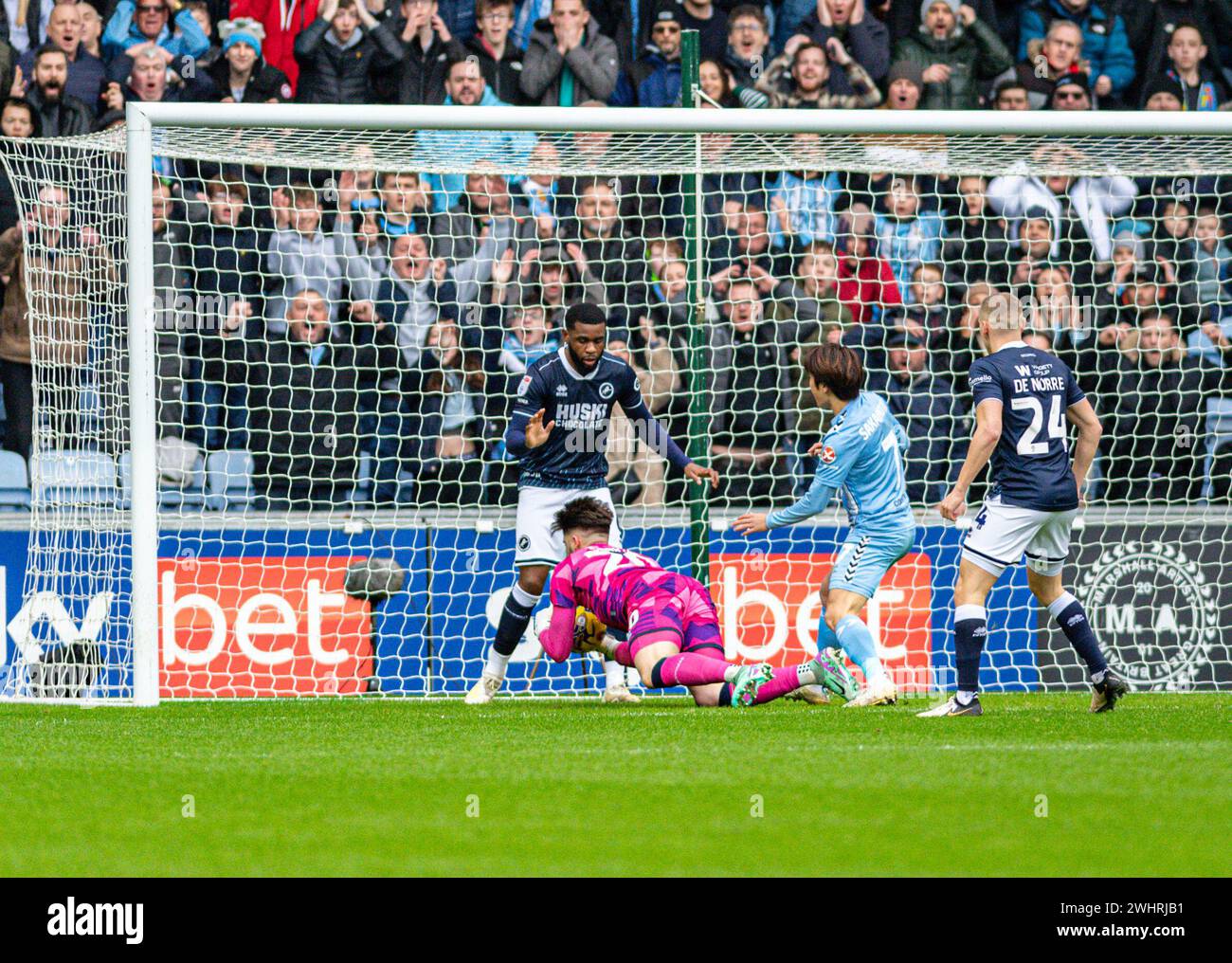 11th February 2024; Coventry Building Society Arena, Coventry, England; EFL Championship, Coventry City versus Millwall; Matija Sarkic of Millwall grabs the rebound from the post Stock Photo